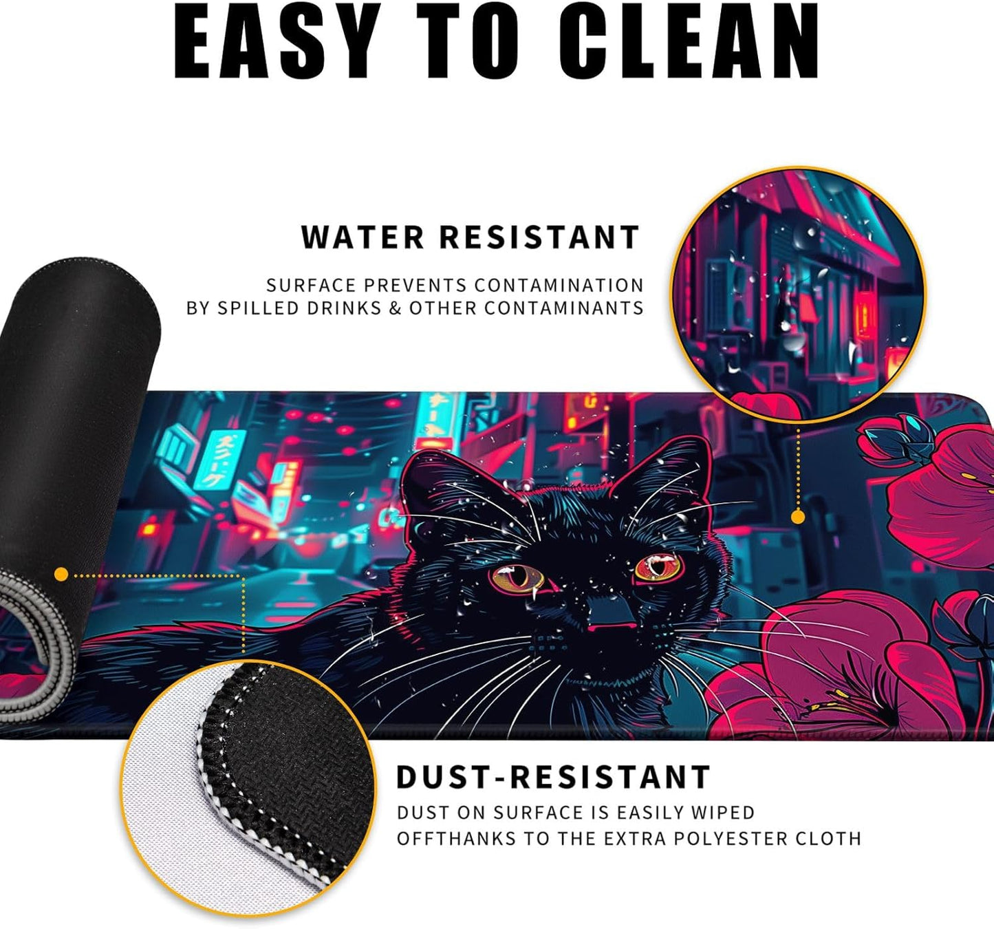 Japanese Black Cat Mouse Desk Pad Kawaii Red Anime Desk Mat Desk Decor Large Gaming Mouse Pad for Tokyo Neon Desk Mousepad Computer Office Keyboard Laptop Big Floral Mouse Pad Xl-31.5x11.8 in