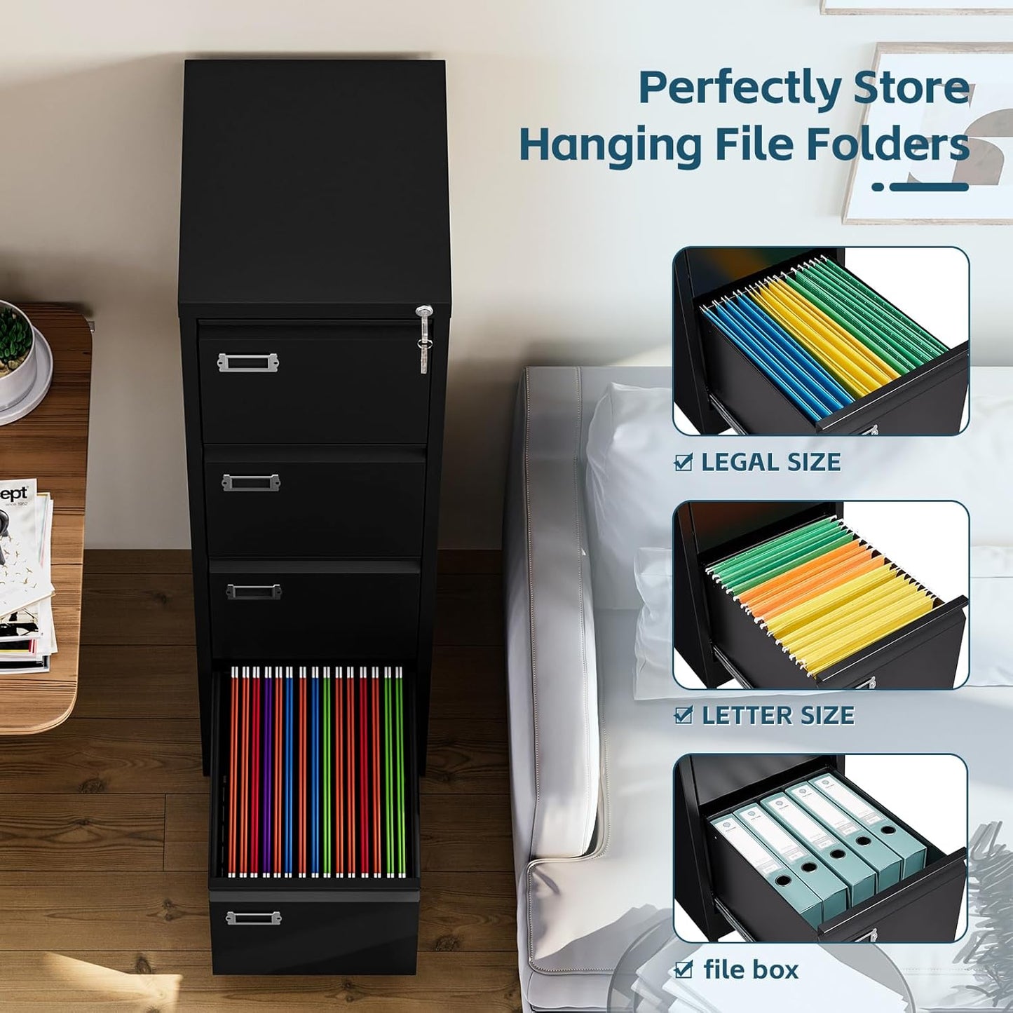 MIIIKO 3 Drawer File Cabinet, Black Metal Vertical Filing Cabinet with Lock, Home Office File Folders Storage Cabinet for Letter Legal A4 File Size