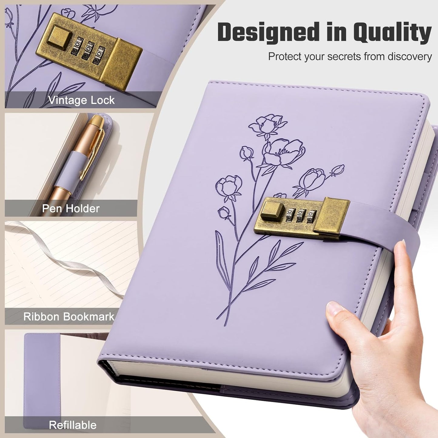 Lock Diary for Women Diary with Lock for Girls A5 Leather Locked Journal 260 Pages 100 GSM Refillable Journal with Lock for Teens Secrets Flower Journals with Combination Passwords, 5.7"x8.3", Purple