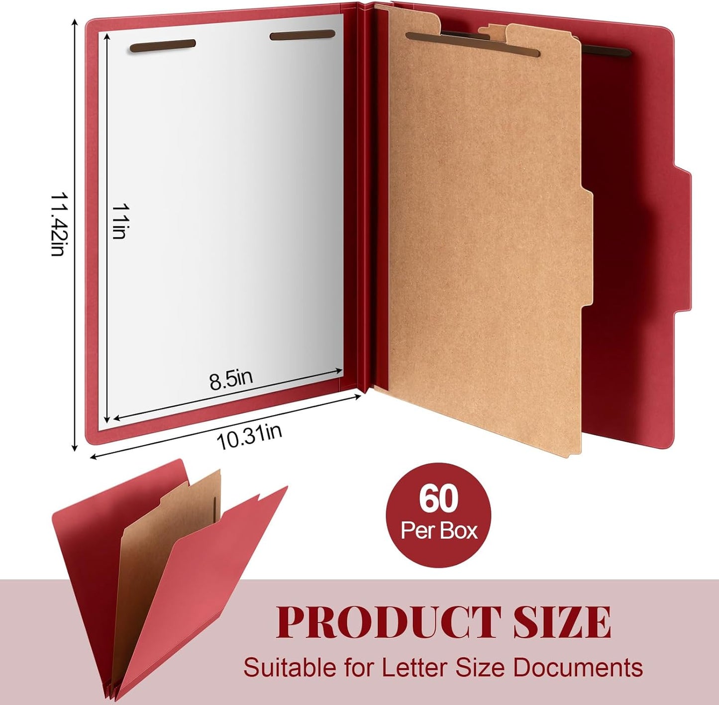 60 Pcs Classification Folders Letter Size, 1 Divider Pressboard File Folder with Fasteners, Expanding File Organizer Bulk for Teachers, Clergy, Office, Church, Christmas Donations (Red)