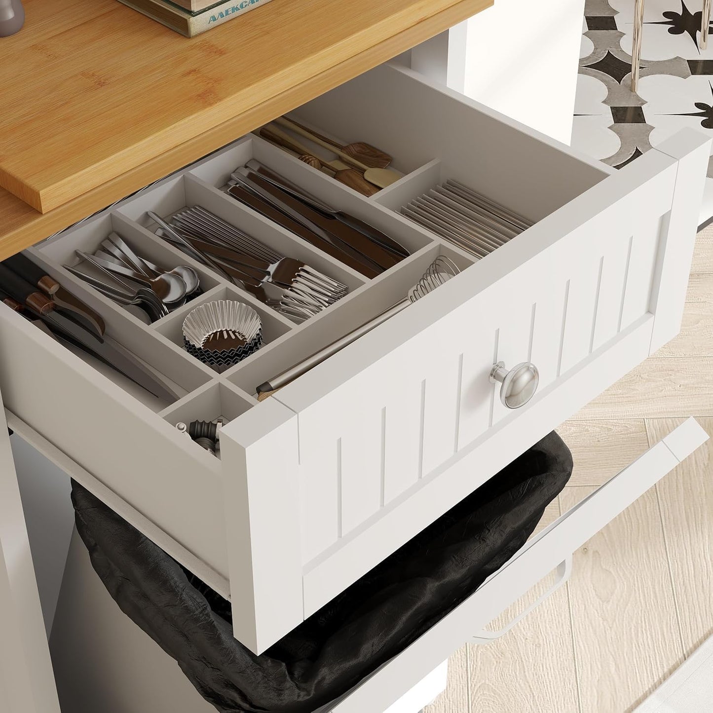 10 Gallon Tilt Out Trash Cabinet, Wooden Kitchen Trash Can Cabinet with Hideaway Drawer, Freestanding Laundry Hamper Garbage Recycling Cabinet on Wheels, Pet Proof, Single, White