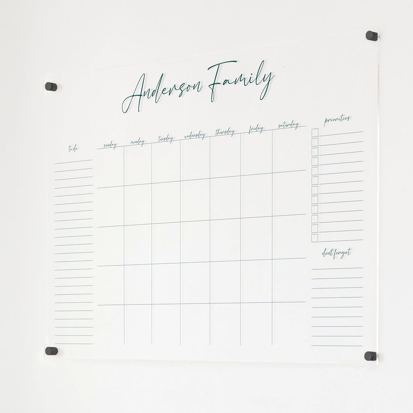 Personalized Clear Acrylic Calendar for Wall, Calendar Whiteboard for Wall, Dry Erase Wall Calendar, Wall Calendar Organizer System for Home (Cursive, Jade, 38"W x 26"H)
