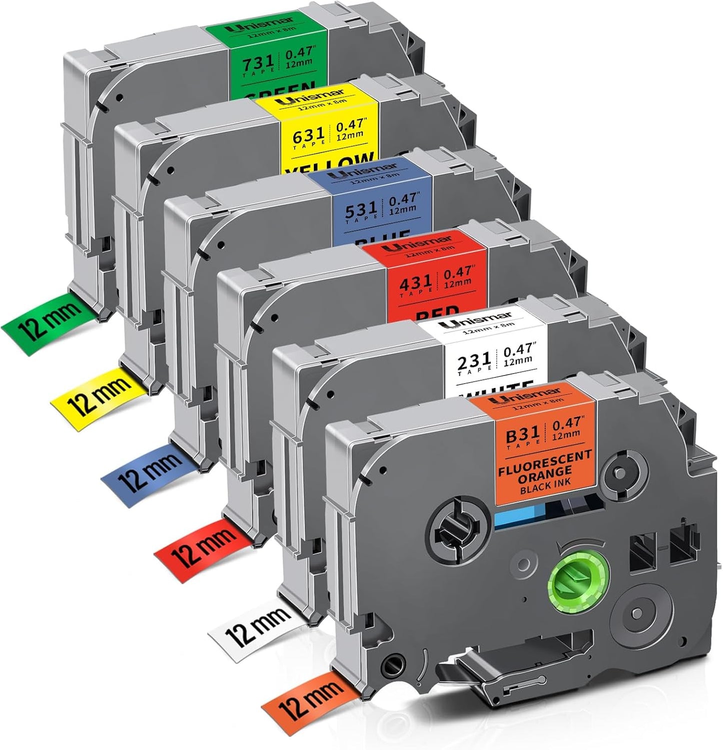 Unismar 6-Pack Compatible for Brother P Touch TZe-231 B31 431 531 631 731 TZe TZ Tape 12mm 0.47 Laminated Flu.Orange/White/Red/Blue/Yellow/Green for Ptouch PT-D220 D210 D400 D410 PTH110 Label Maker