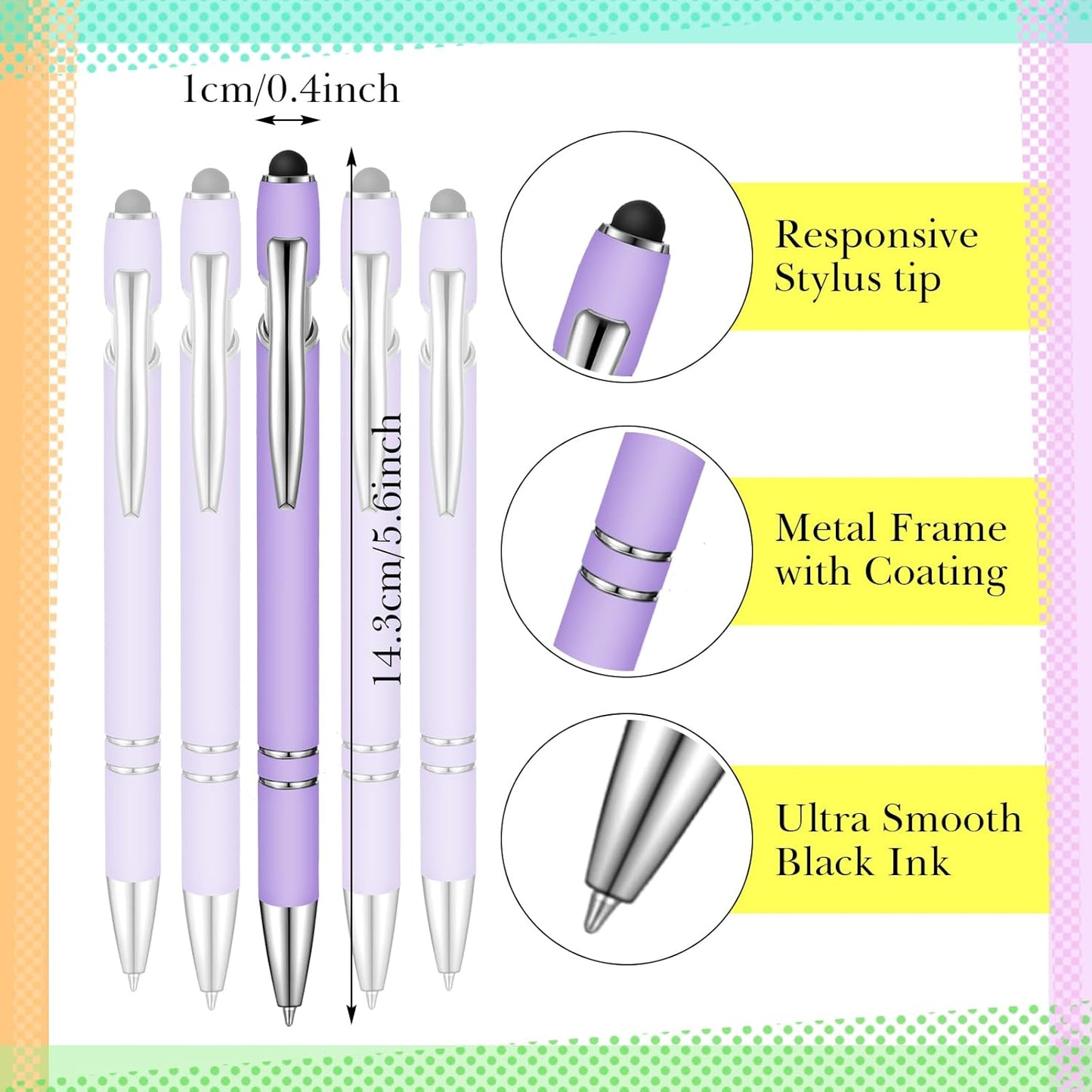 Zonon 38 Pieces Rubberized Ballpoint Pen with Stylus Tip Stylish Metal Pen Capacitive Styli with Soft Rubberized Grip, Black Ink for Most Devices(Purple)