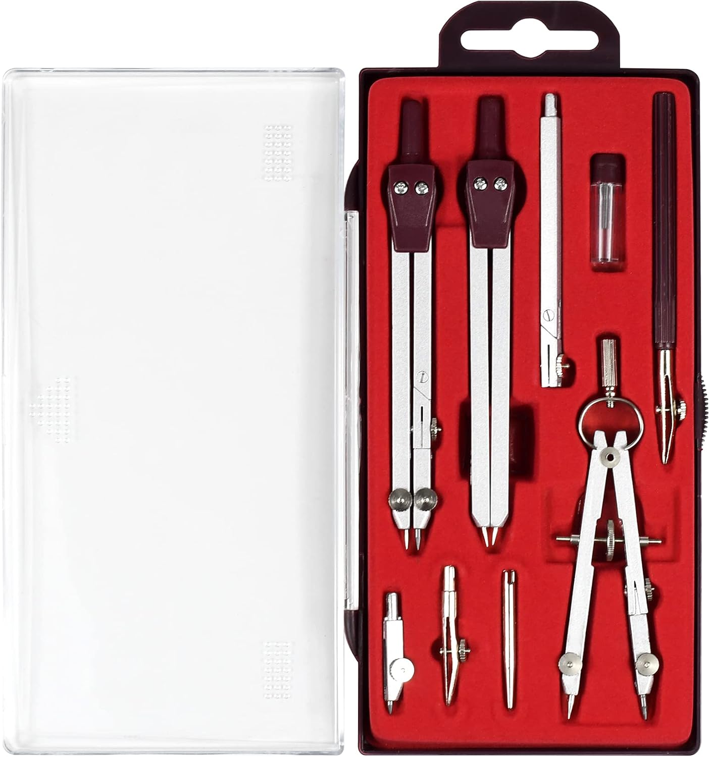 Drawing 9Pc Geometry Set Metal Compass, Geometry Precision Tool for Student, Circle Drawing Tool and Architecture, Drafting Kits for Engineer with Shatterproof Storage Box (Red)