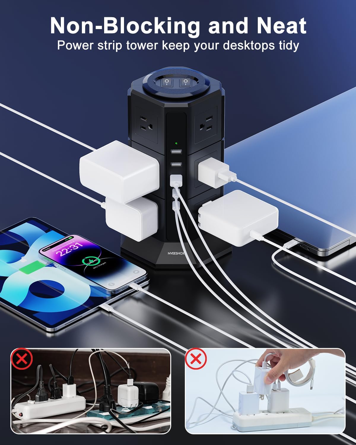 Surge Protector Power Strip Tower, 10FT Ultra Flat Extension Cord with 12 AC Outlets 5 USB Ports(2 Type C), Desktop Charging Station, Flat Plug Outlet Extender for Home Office Dorm