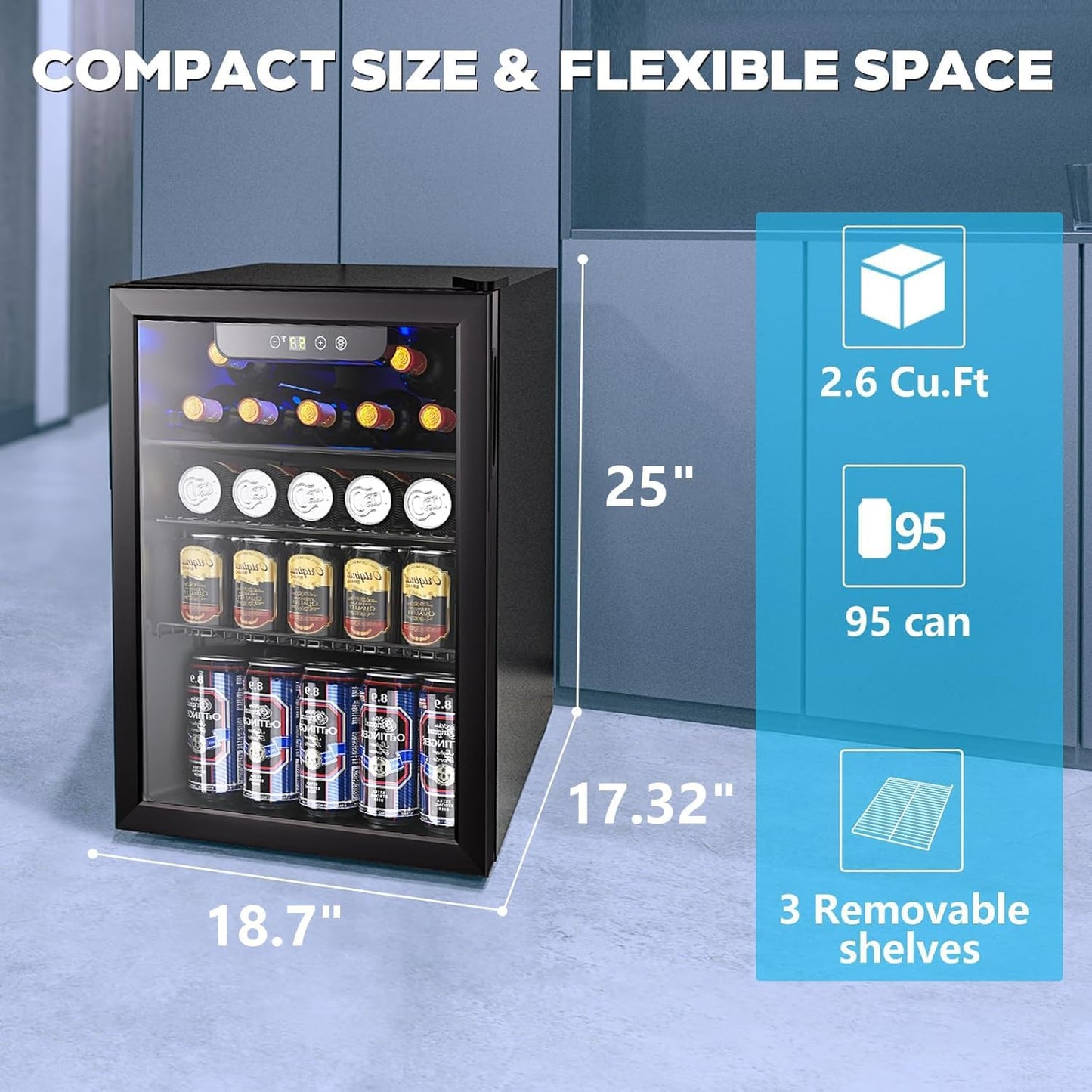 26 Bottle Wine Cooler, 95 Cans Beverage Refrigerator, 2.6 cu.ft Drink Fridge Digital Temperature Control for Beer, Soda,Water, Drink Cooler for Home Office Bar