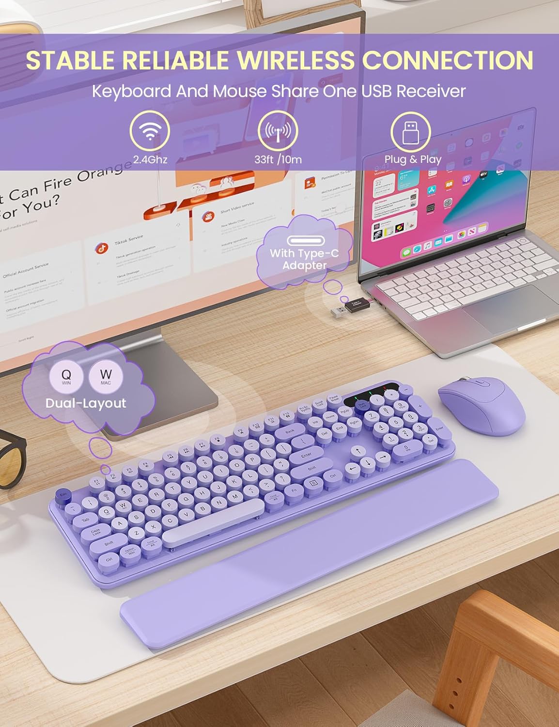 Wireless Keyboard and Mouse Combo - Cute Typewriter Keyboard with Detachable Wrist Rest, Retro Round Keycaps, Foldable Legs, 2.4GHz Full-Size Keyboard for PC, Laptop, Mac, Windows - Trueque (Purple)