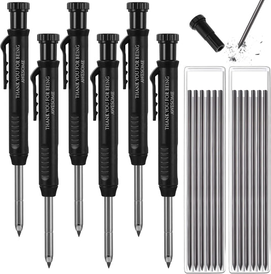 Colarr 10 Pcs Mechanical Carpenter Pencil with 60 Refill Deep Hole Mechanical Pencil Marker with Sharpener Black Solid for Carpentry Architect Birthday Thanksgiving Gift