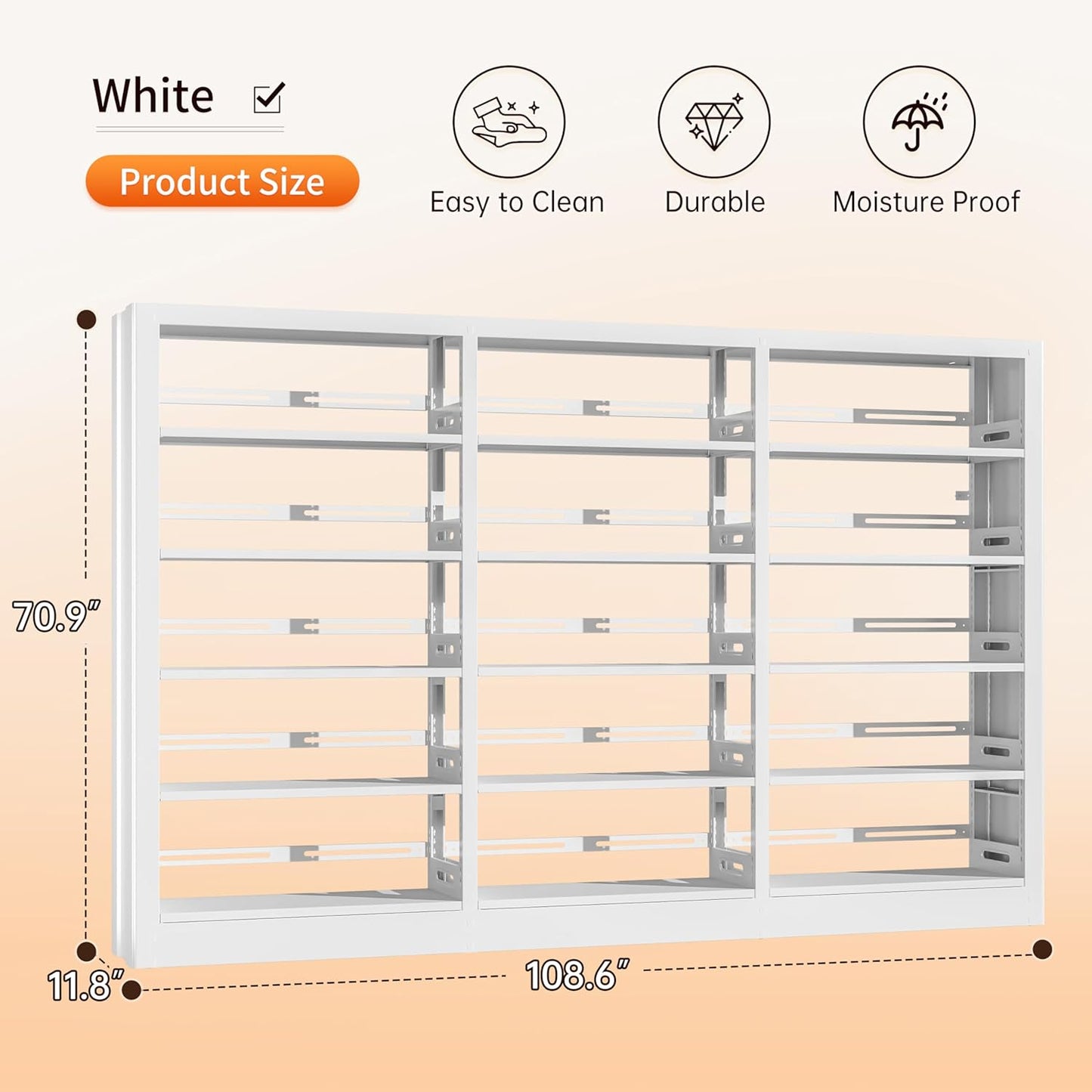 5-Tier Bookcase with Adjustable Storage Shelves, Metal Bookshelf with Book Stopper, Bookcase Shelf for Library, Office, Living Room (White(1 Column,3 Combination Bookshelves))