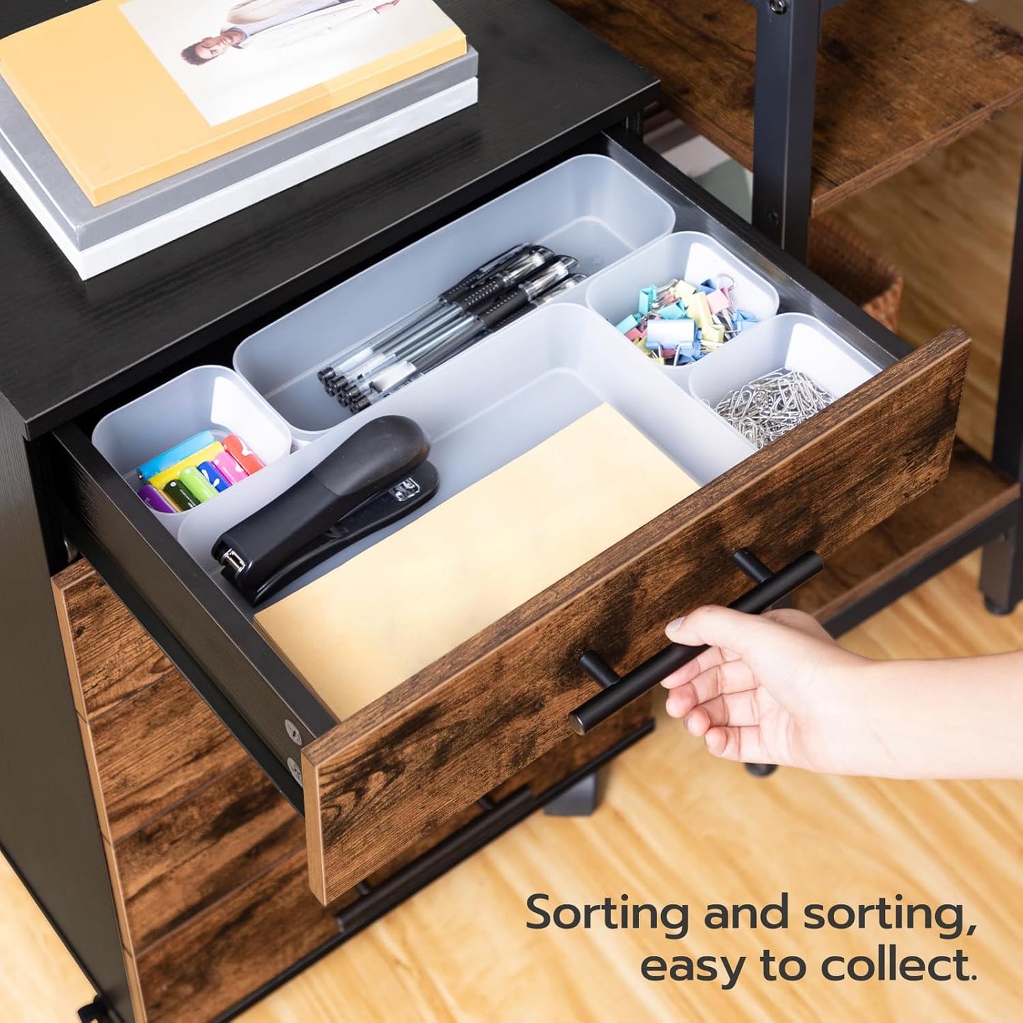 HOOBRO 5-Drawer File Cabinet, Office Filing Cabinet with Drawers, Wooden Mobile Storage Cabinet with Wheels, for Makeup, Home Office, Easy Assembly, Rustic Brown BF05WJ01G1