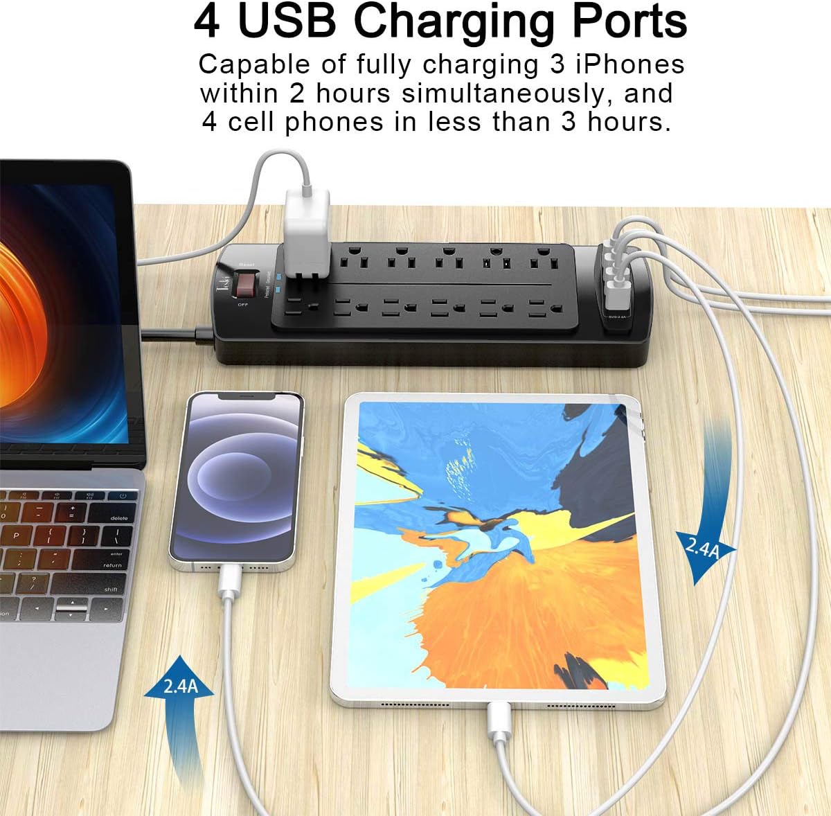 Power Strip, Tcstei Surge Protector with 12 Outlets and 4 USB Ports, 20 Feet Extension Cord (1875W/15A) for Home, Office, Dorm Essentials, 2700 Joules, ETL Listed, Black