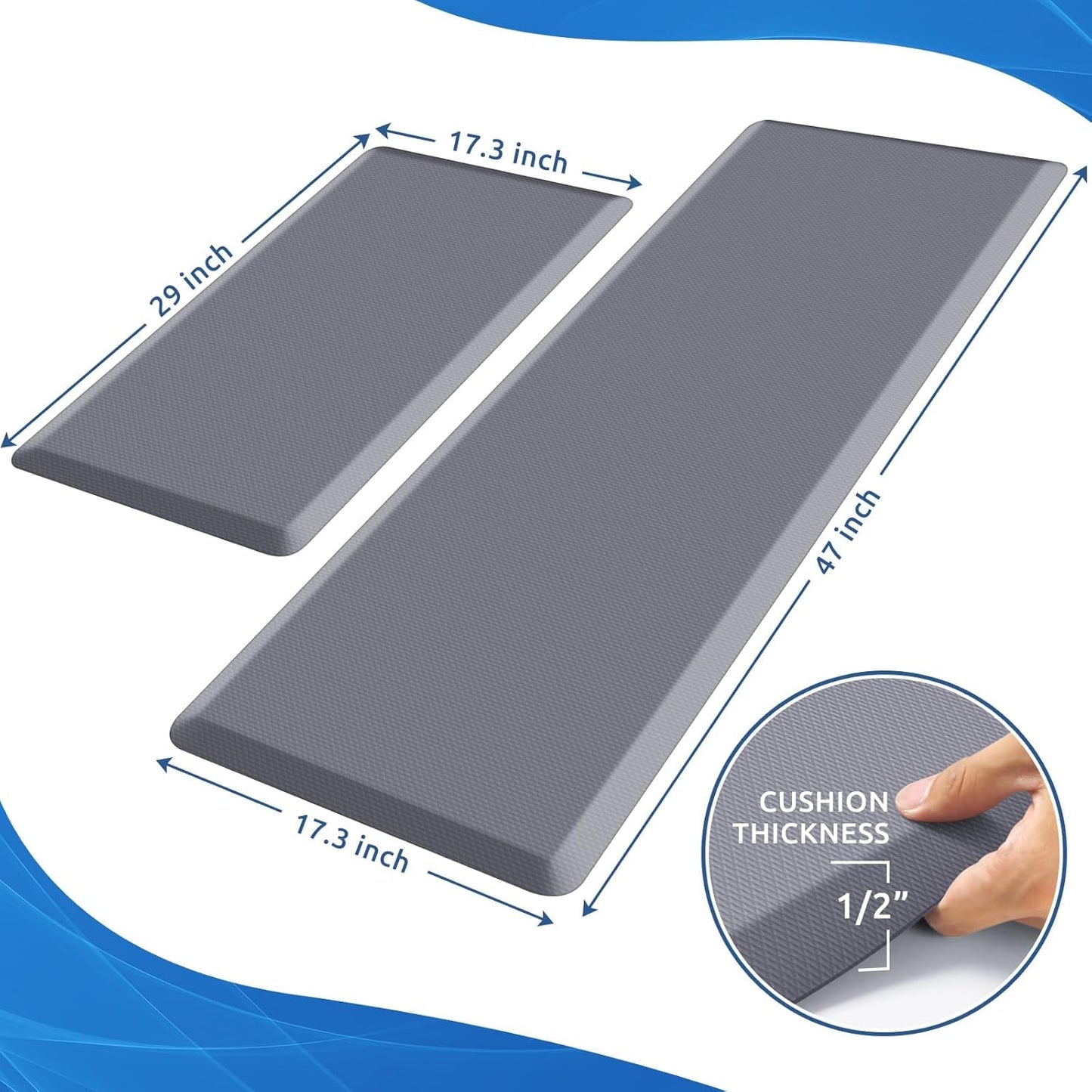 KitchenClouds 2PCS Kitchen Rugs Cushioned Anti-Fatigue Non-Slip Waterproof Kitchen Mat Comfort Foam Standing Mat for Floor Office Sink Laundry (Grey)