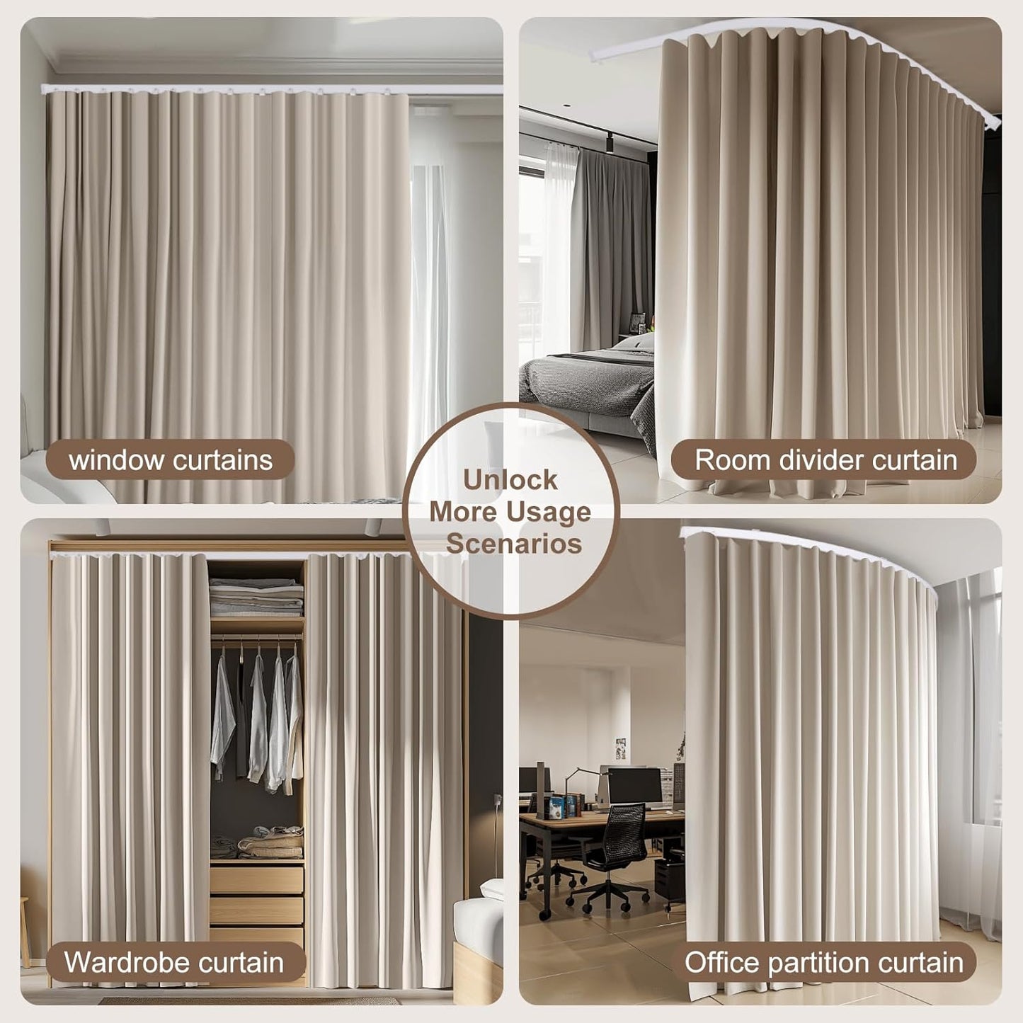 Room Divider Curtains & Flexible Bendable Tracks Set,Privacy Dividers Ceiling Track Curtain Window Blackout Curtains for Living Room Bedroom (W100 × H84 in 1 Panel Beige Drape & White Rail)