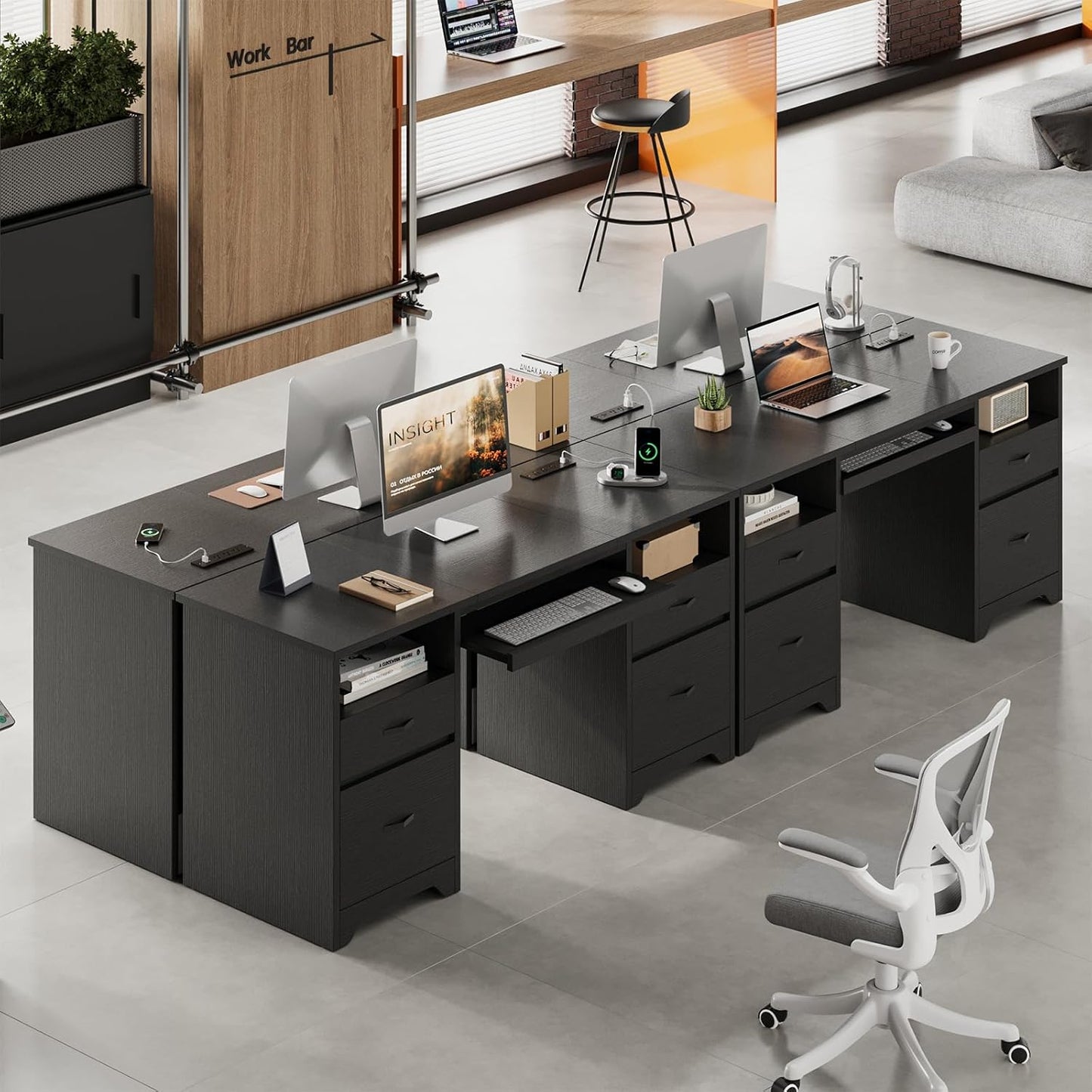 Bestier 59” Computer Desk with 4 Drawers, Office Desk with Storage, Modern Executive Desk with Charging Station, Keyboard Tray & Wooden Pedestals on Both Sides for Home Office & Studio, Black