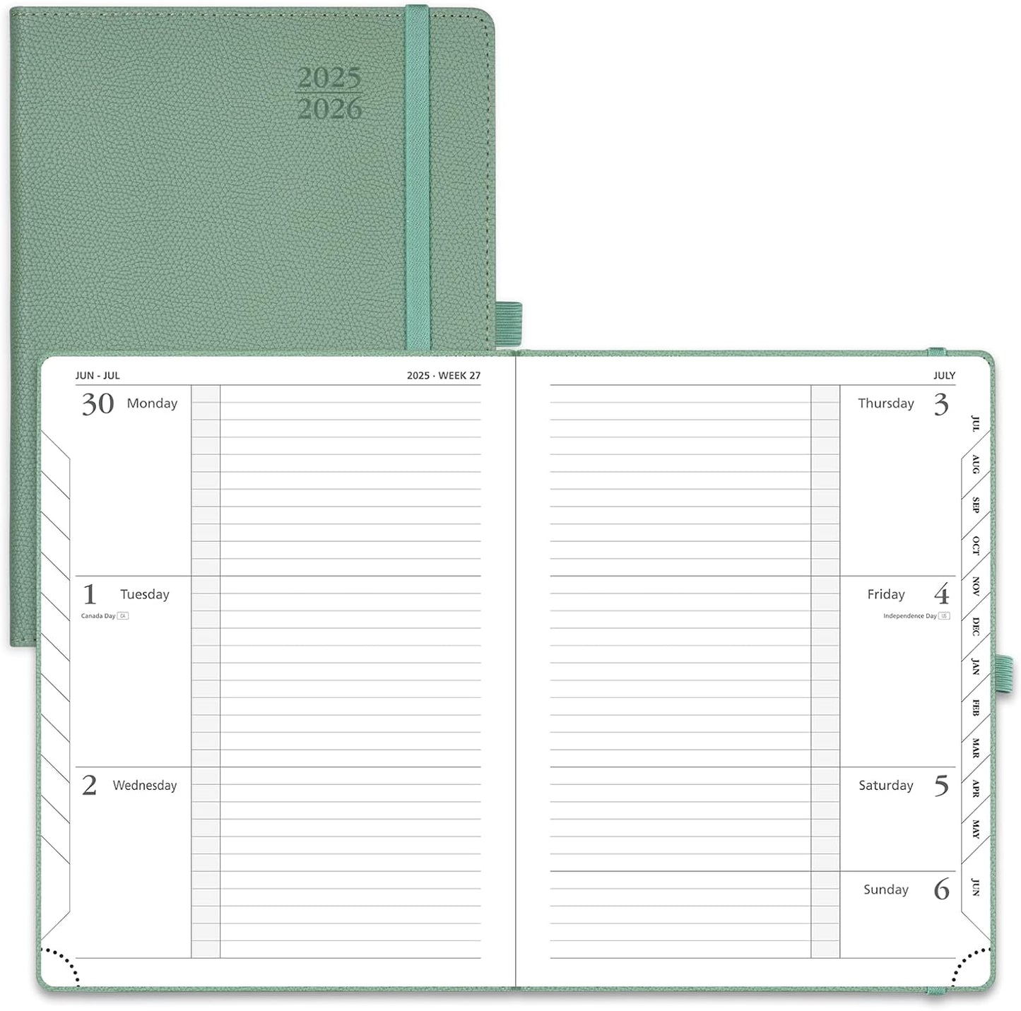 POPRUN Planner 2025-2026 (Medium 6.75''x 8.75''), Horizontal Weekly Notebook Jul.2025 - Jun.2026, Academic Appointment Book with Monthly Tabs, Leather Hardcover, Inner Pocket, 100 GSM - Midnight Green