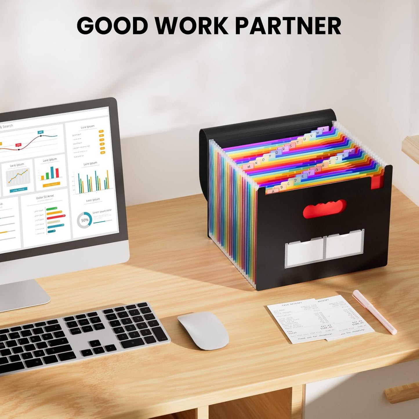 Sooez 24 Pockets Expanding File Folder with Blank Labels, According File Organizer with Expandable Cover, Desktop Accordion Folders Letter A4 Paper Document Storage Organizer, White