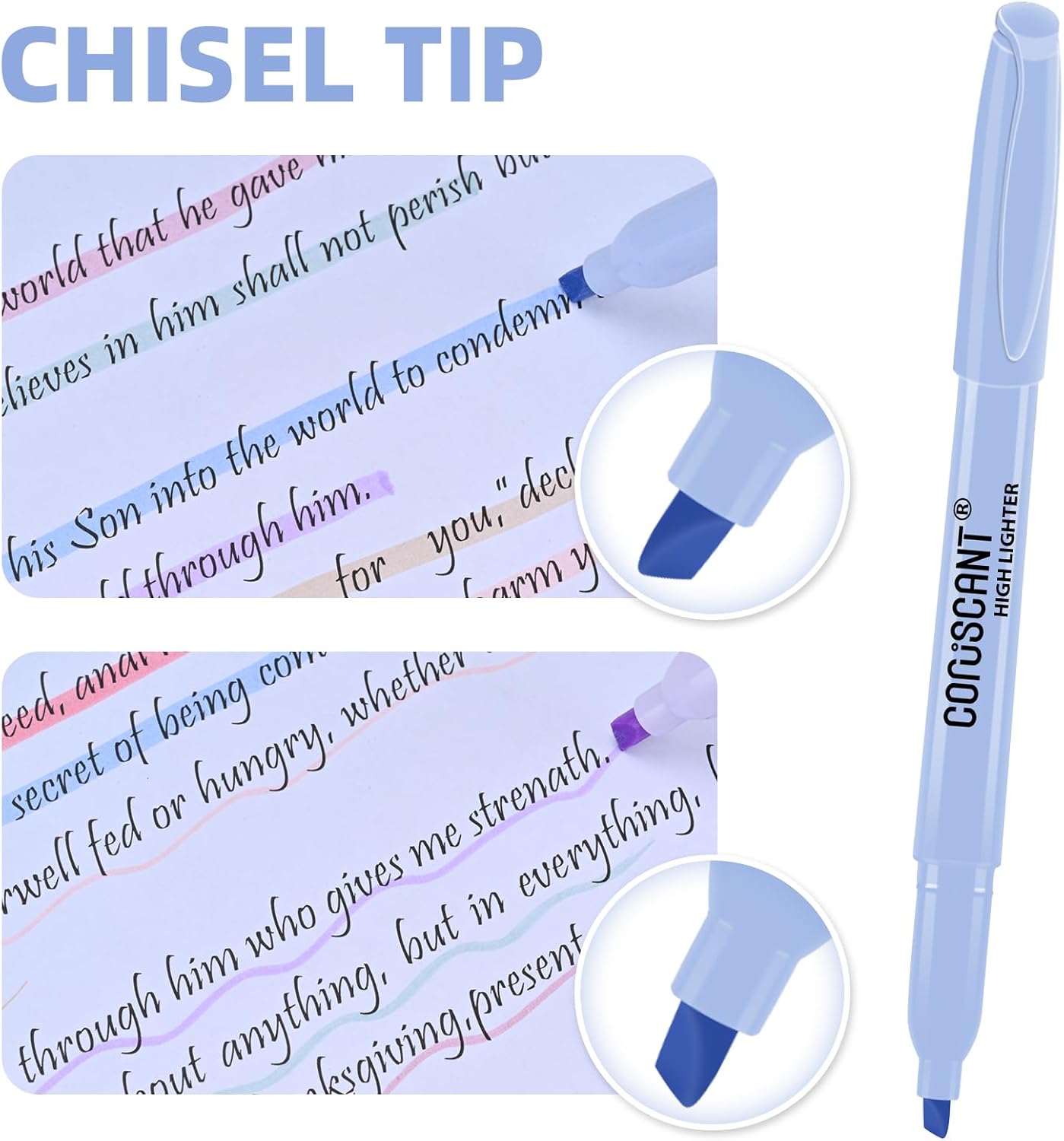 coruscant Pastel Highlighters Set, Assorted Colors Chisel Tip Cute Bible Highlighters, No Bleed Dry Quickly, for Journal Bible Study, Perfect for thin paper, School Office Supplies, 8 Pack