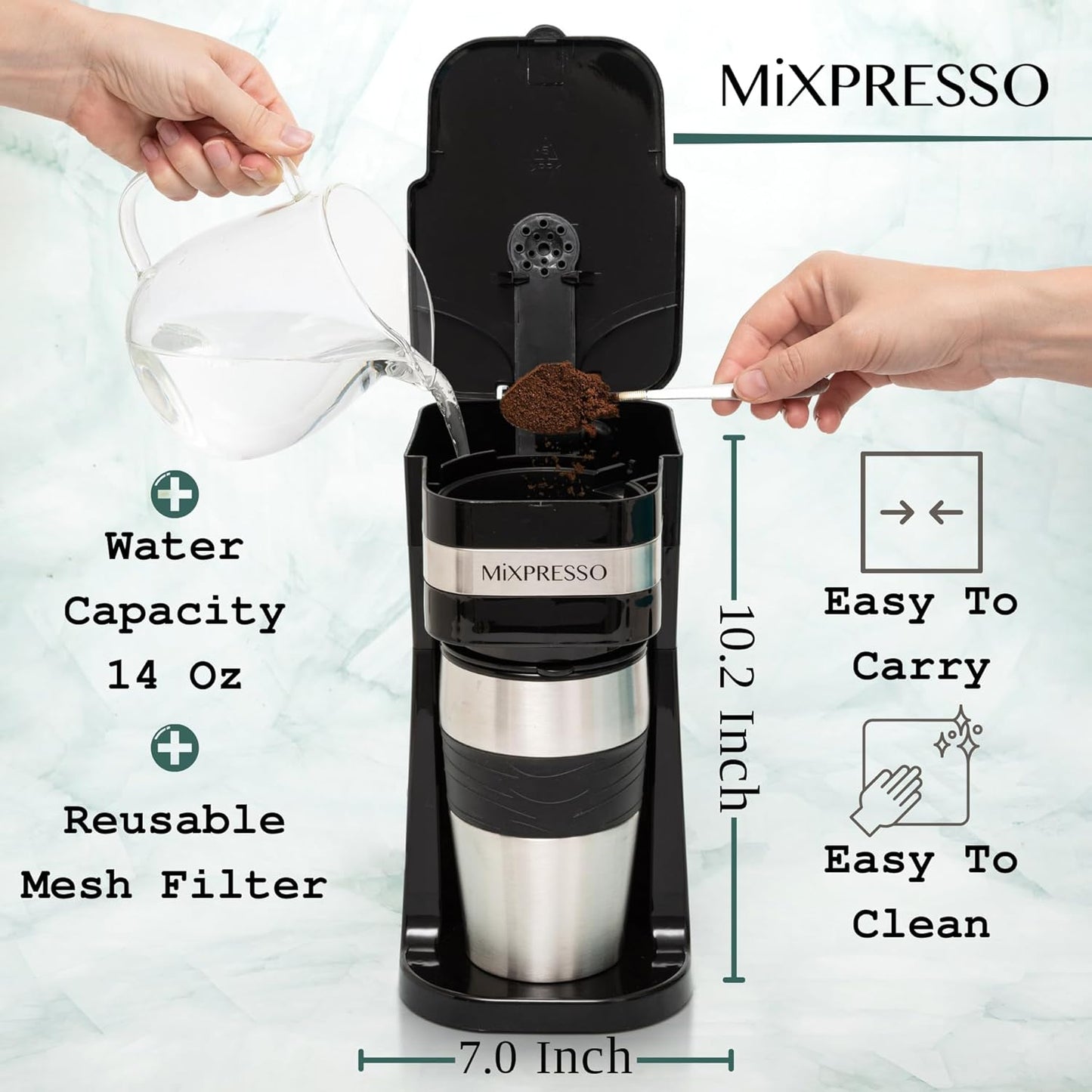 Mixpresso Black Personal Single Serve Coffee Maker with 14oz Travel Mug, Drip Small Coffee Maker with Auto Shut Off, Reusable Filter, Works with Ground Coffee Only – Not for K-Cup Pods