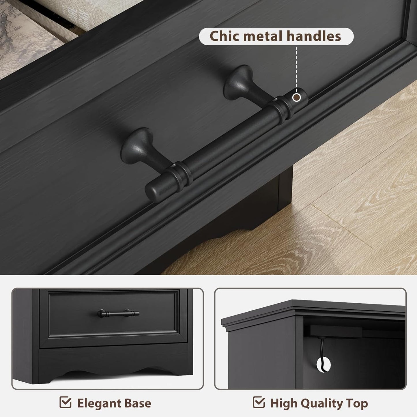 Black Nightstand with Charging Station, Farmhouse End Table with 2 Drawers, Bedside Table with Space-Saving Storage Cabinet, Unique Base Design for Bedroom & Living Room