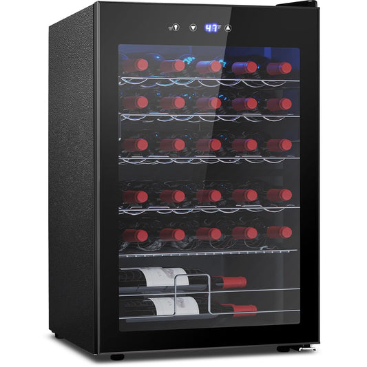 COWSAR 37 Bottle Wine Fridge, ETL Approved Freestanding Beverage Refrigerator with Smart Temp Control, 4.45 Cu.Ft. Mini Fridge Wine Cooler with Child Lock& Wavy Wire Shelves for Kitchen Bar, Black