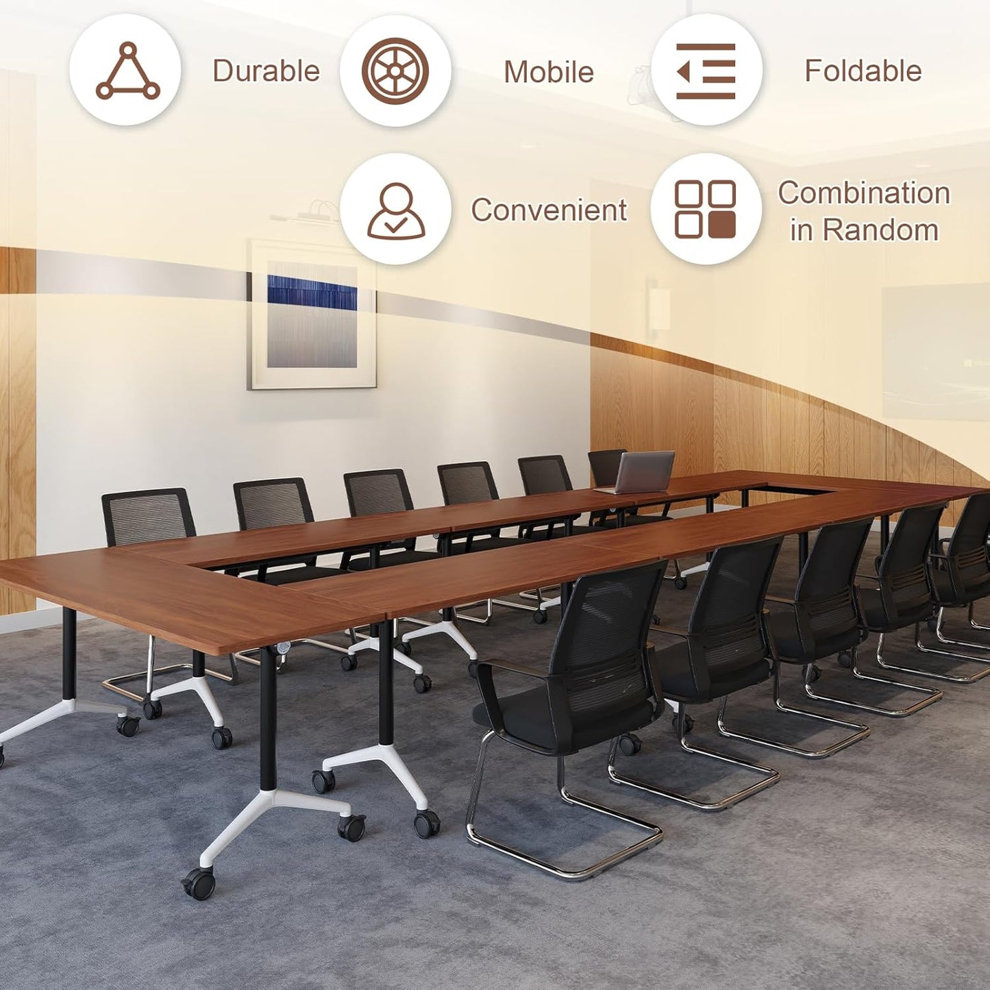 Folding Conference Room Table, Modern Conference Tables with Wheels, Large Rectangular Mobile Training Tables for Office Classroom, Foldable Modular Boardroom Seminar Table (8pack L63in)