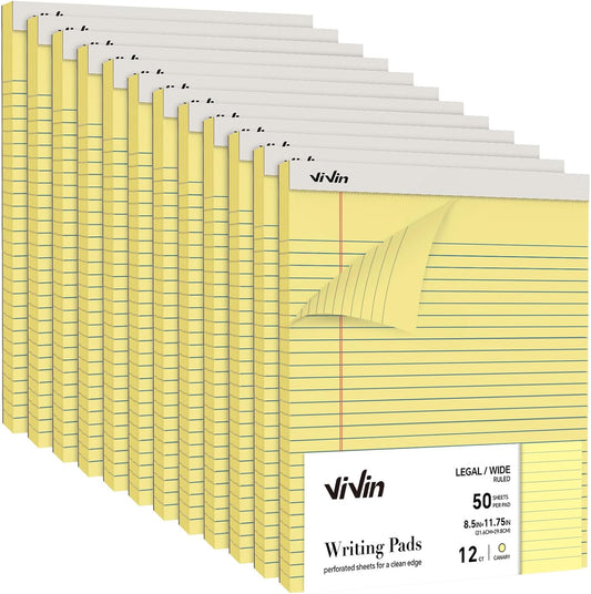ViVin Legal Pads 8.5 x 11 Inch, Wide Ruled Note Pads, 12 Pack, 50 Sheet/Pad, Perforated Writing Pads, Notepads for Office Home School, 600 Sheets, Canary Yellow Paper
