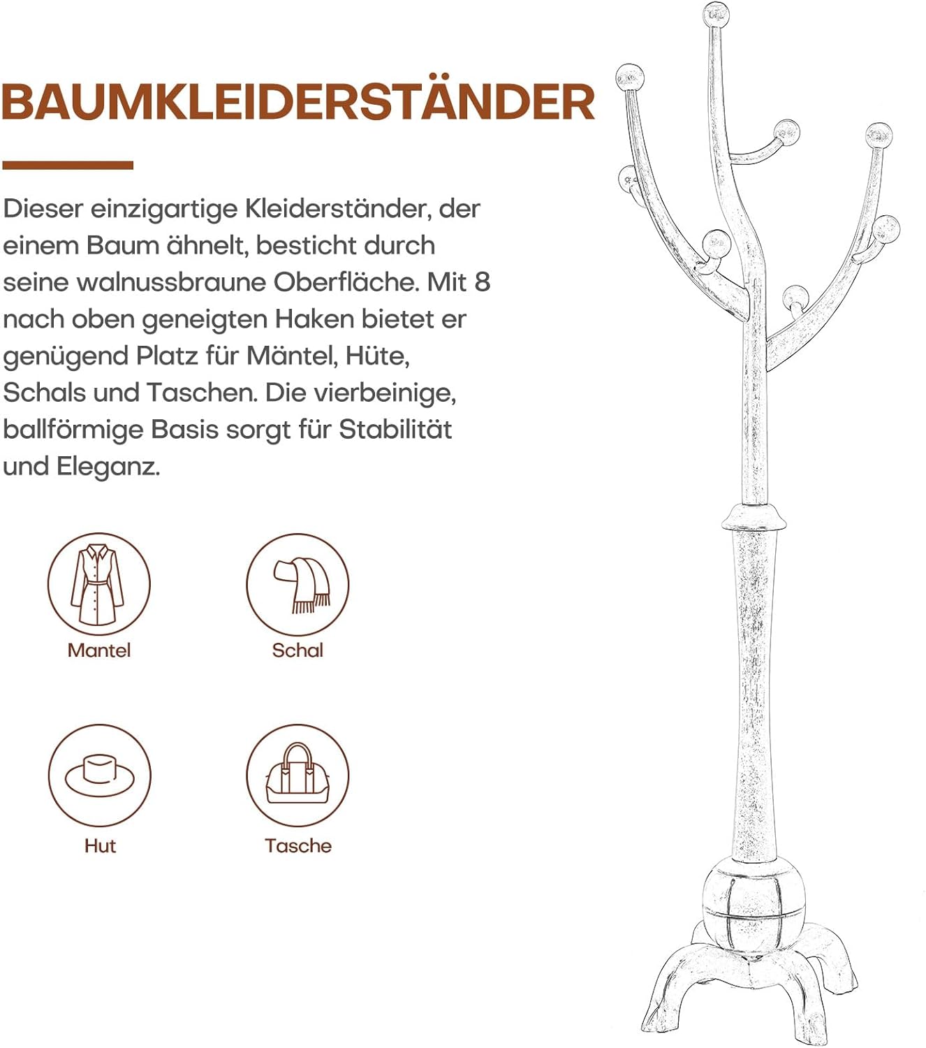 Coat Rack Freestanding Wood Tree Rack with 8 Hooks, Creative Design Tree Branch-look, Coat Tree Clothes Hanger Stand with Stable Sphere Base for Entryway, Hallway, Bedroom - Load 160lbs (Light Brown)