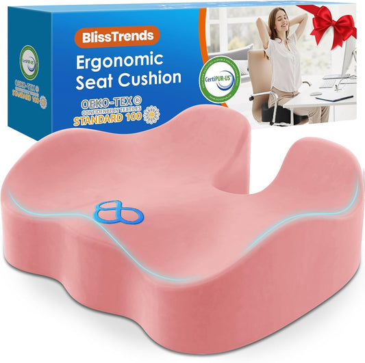 BlissTrends Seat Cushion,Thick Memory Foam Cushions for Office Chair, Car Seat, Airplane, Relieving Pressure Tailbone Sciatica Back Pain for Long Sitting Office Workers, Car Drivers 4.7in Thick Pink