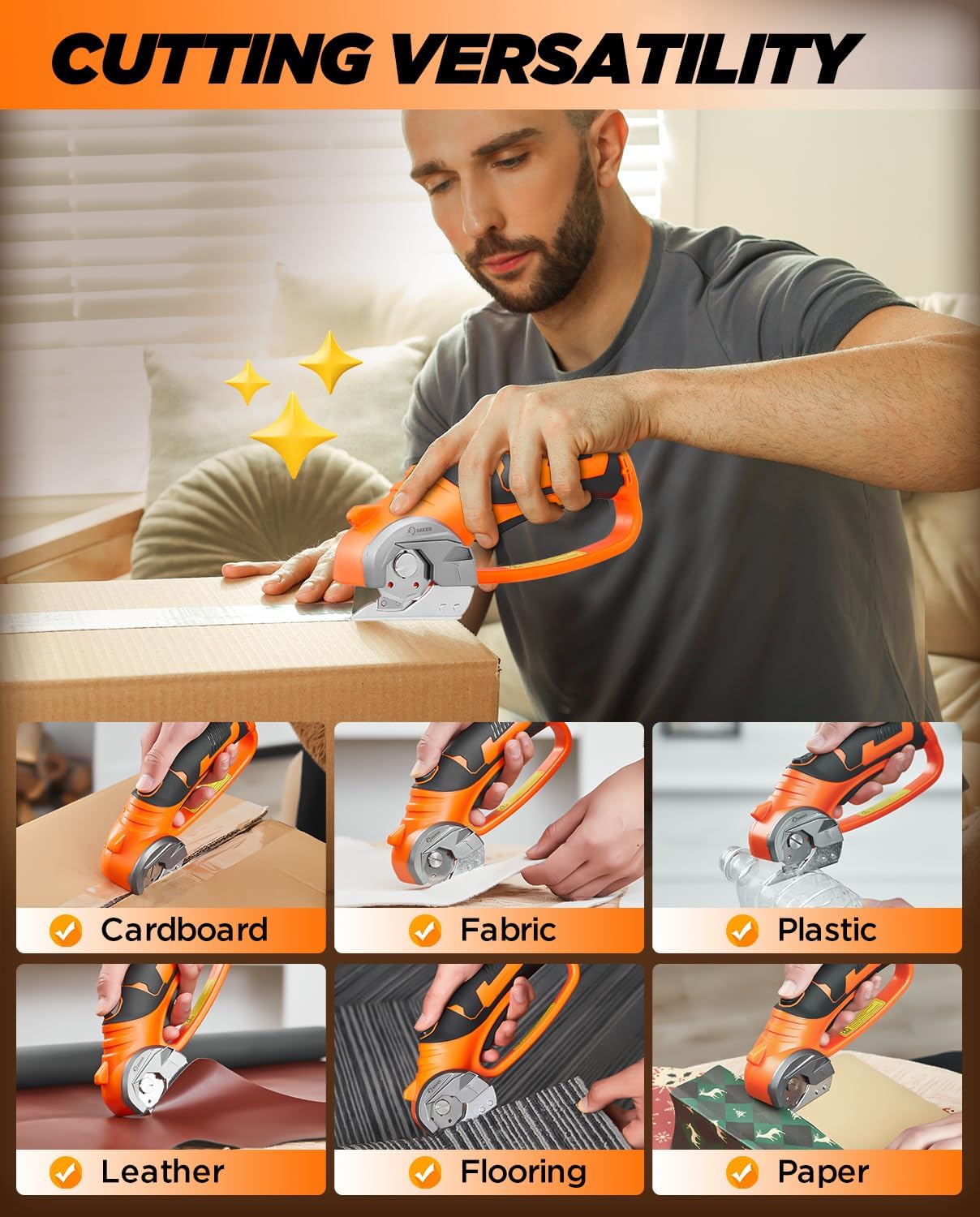 Saker Electric Box Cardboard Cutter,Cordless Elwetric Scissors for Fabric Leather Paper Plastic - Card Board Cutter Tool with 4V Recharged Battery - Safety Lock and LED Light for Cutting,Orange