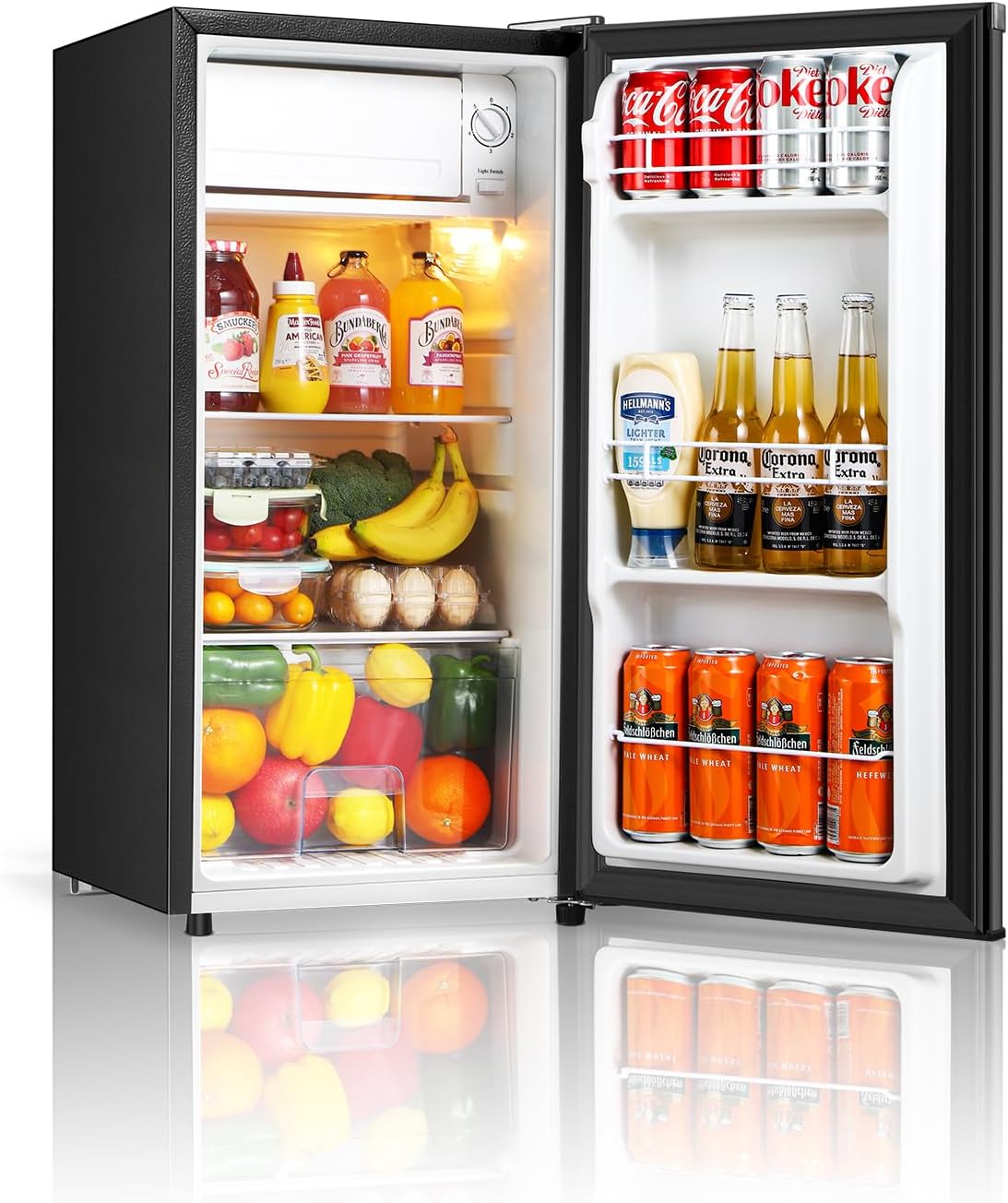 Seaoola Mini Fridge with Freezer, Single Door 3.1 Cu.Ft, Compact Mini Refrigerator, LED Light, Adjustable Thermostat, Removable Glass Shelves, Small Refrigerator for Dorm/Office/Bedroom(Black)