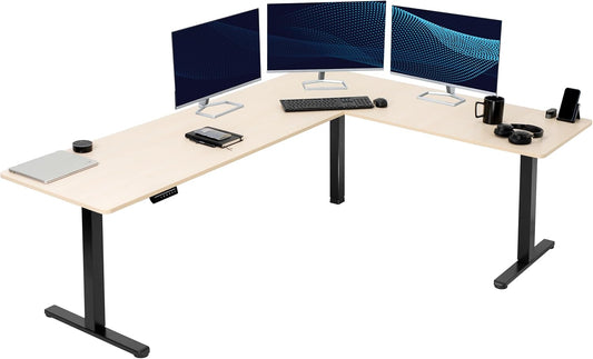 VIVO Electric Corner L-Shaped 84 x 63 in Standing Desk, Memory Height Adjustment, Light Wood Top Black Frame, DESK-E3CTBC-84