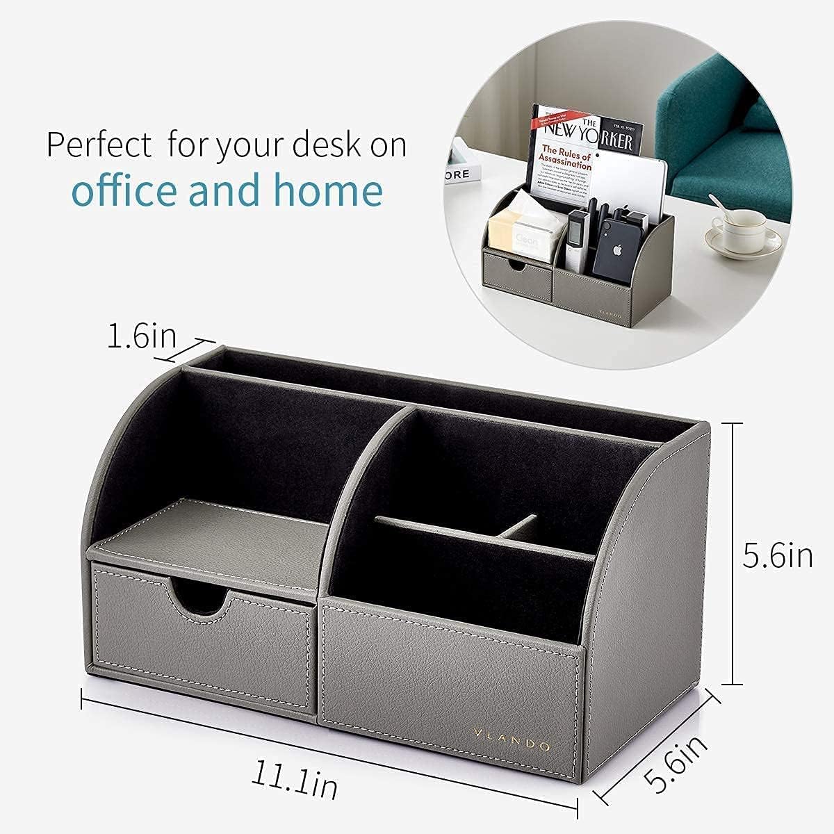 Vlando Office Desk Organizer Leather Desktop Organizer Caddy with Drawer for Storing Desktop Supplies and Accessories (Grey Set)