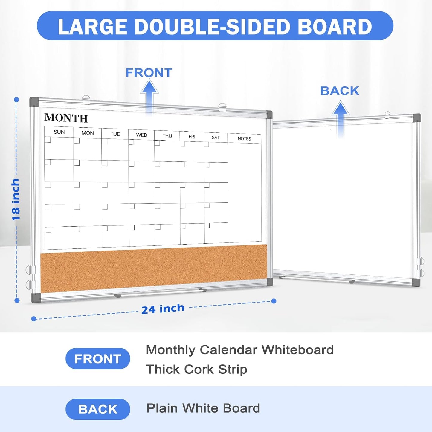 Monthly Calendar Whiteboard Dry Erase Cork Board Combo for Wall, 24" x 18" Double-Sided Calendar White Board and Bulletin Board, Portable Board for Office, Kitchen, School, Home