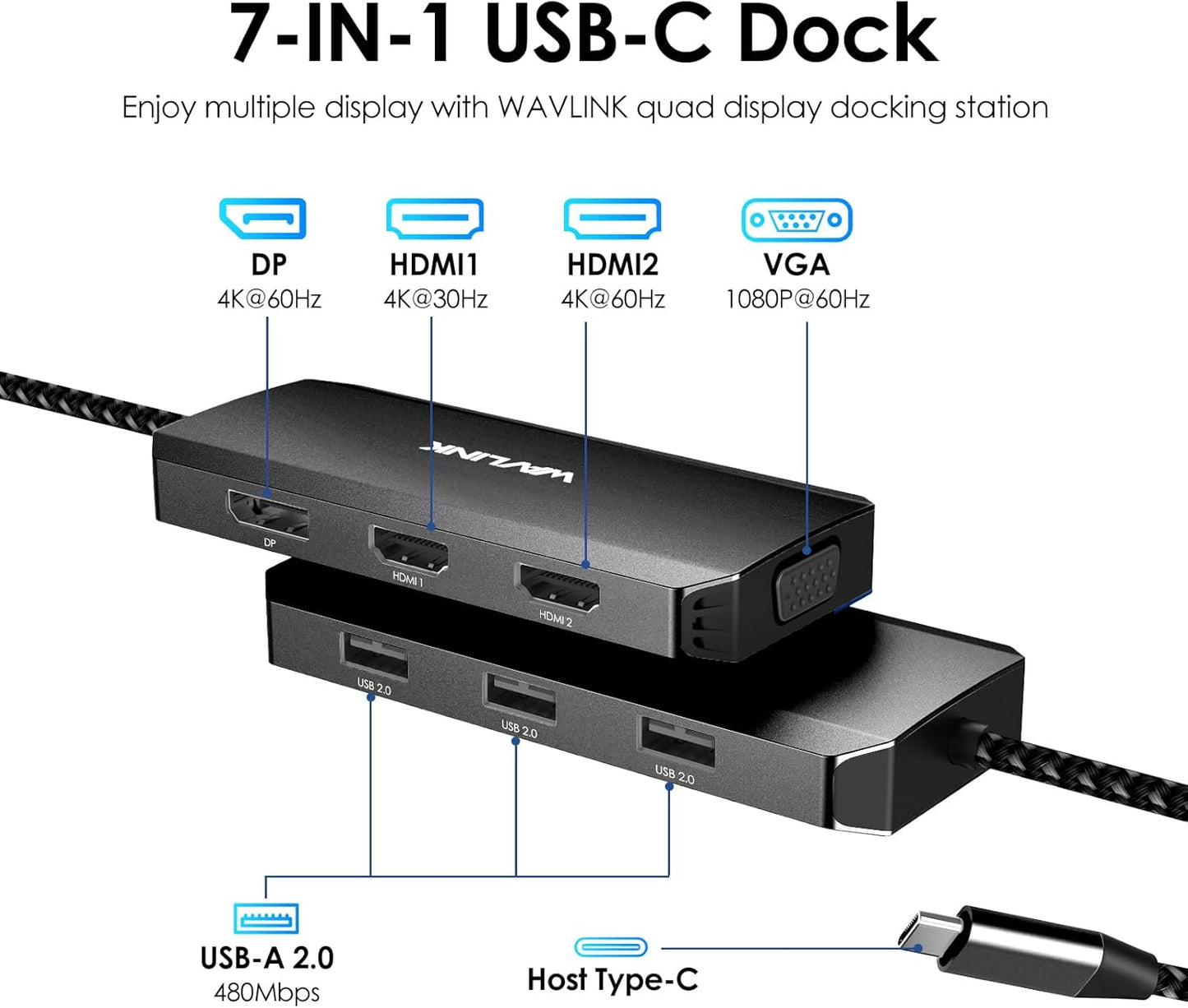 WAVLINK USB-C Docking Station for MacBook, Dell XPS, Lenovo Yoga, HP Laptops - Dual HDMI, DisplayPort, VGA, 3 USB 2.0 Ports, Black
