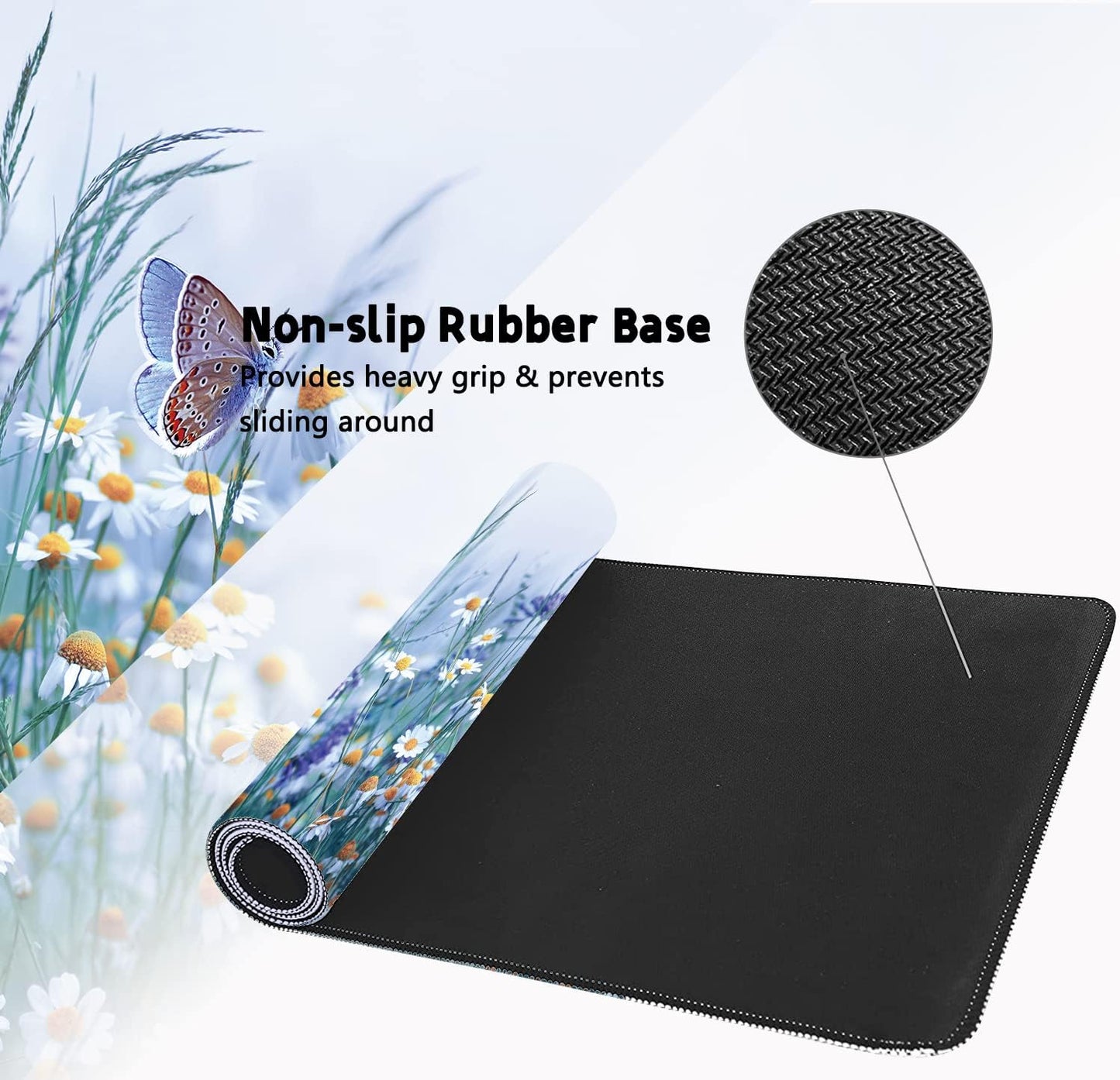 Extended Large Gaming Mouse Pad Wildflowers Chamomile and Butterflies XXL Size Keyboard Mouse Mat Desk Pad with Non Slip Rubber Base Stitched Edges Office Decor for Women Girls Men,35.4 x 15.7inch