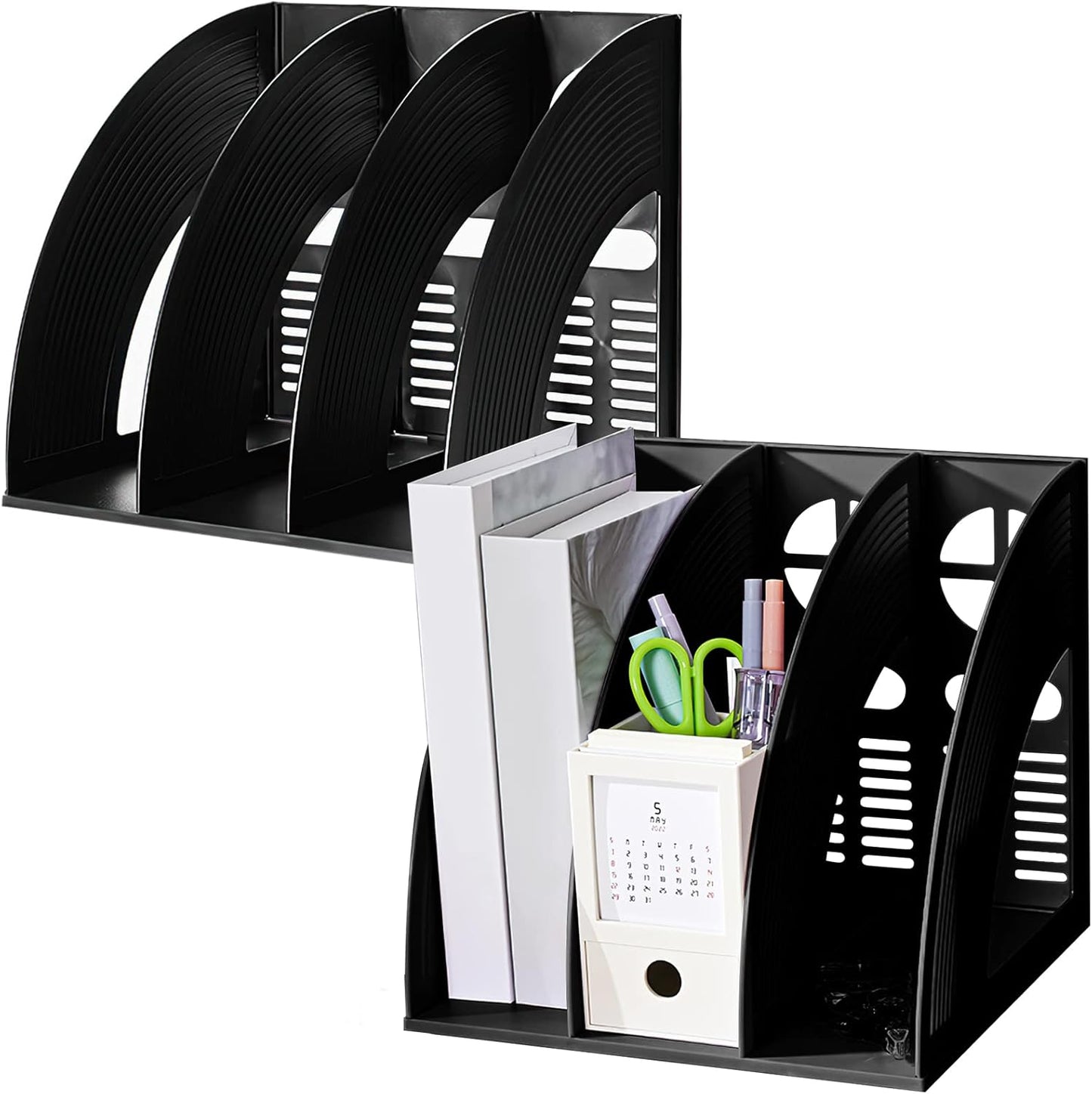 SAYEEC 2 Pack Magazine File Holder for Desktop 3 Compartment Binder Folder Notebook Standing Organizer Office Racks Black Holds Documents for School Working