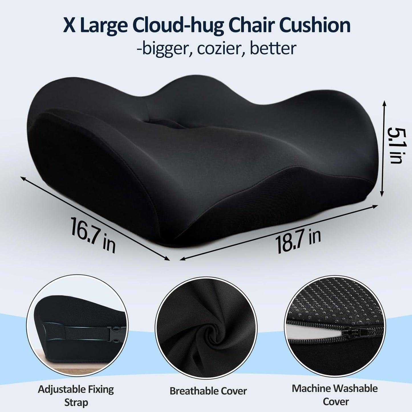 X Large Memory Foam Seat Cushions for Office Chairs, Long Sitting Pressure Relief Ergonomic Office Chair Cushion for Butt Coccyx Tailbone Sciatica, Car Seat Booster for Height (Pure Black)