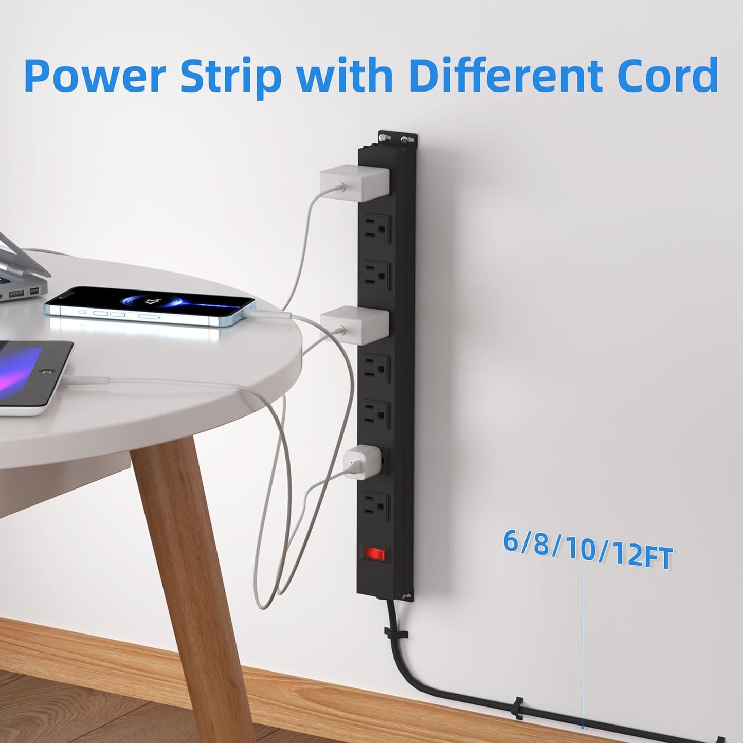 8 Outlets Heavy Duty Power Strip with 8 Ft UL 14AWG Power Cord Straight Plug and Switch,Wide Spaced Shop Power Strip Metal for Commercial,Industrial,School and Home,15A 125V 1875W,Black(8FT)