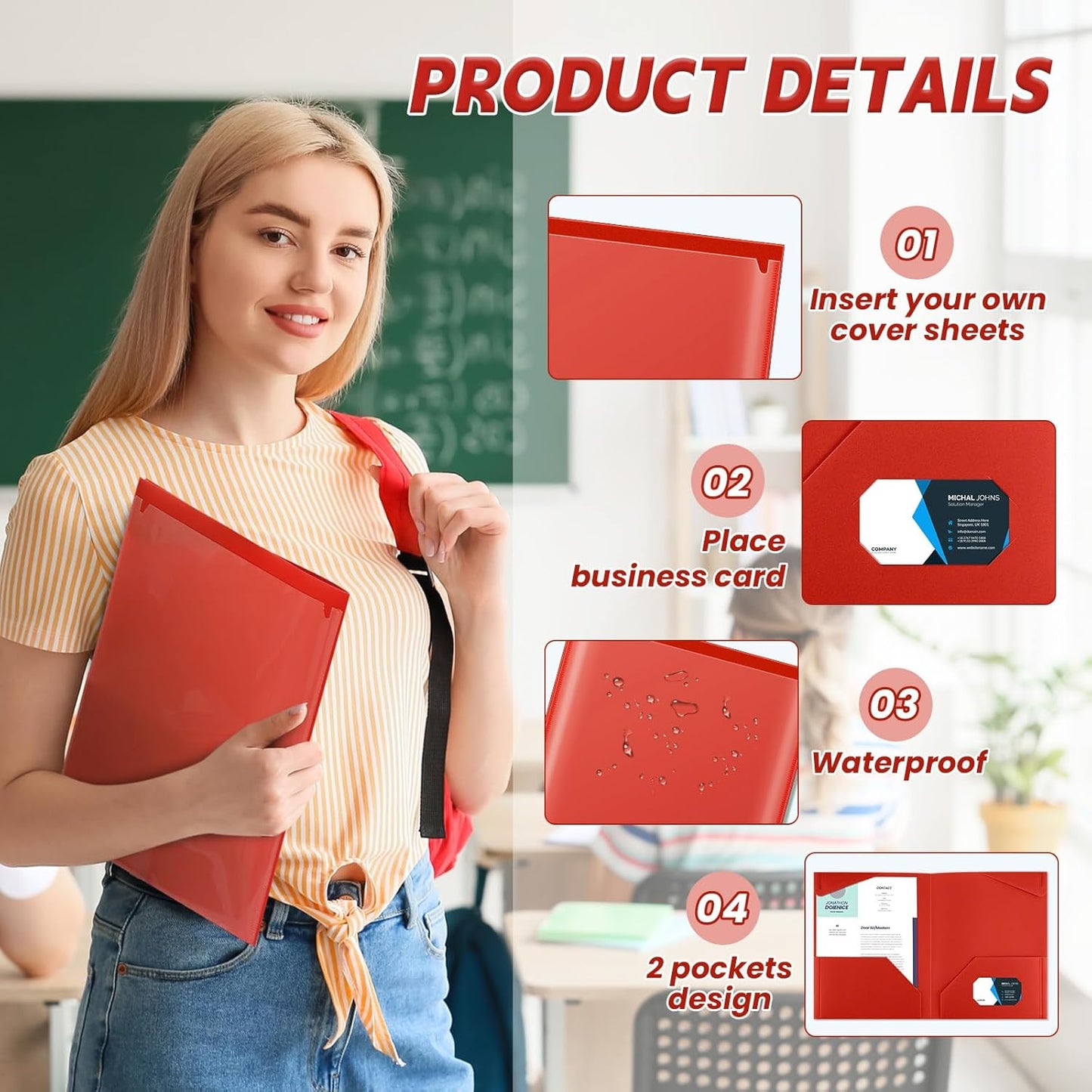 Henoyso 100 Pcs Plastic Folders with Clear Front Pockets Bulk Heavy Duty File Folders with 2 Pockets and Card Slot for Student Teacher Back to School Supplies Office Presentation (Red)