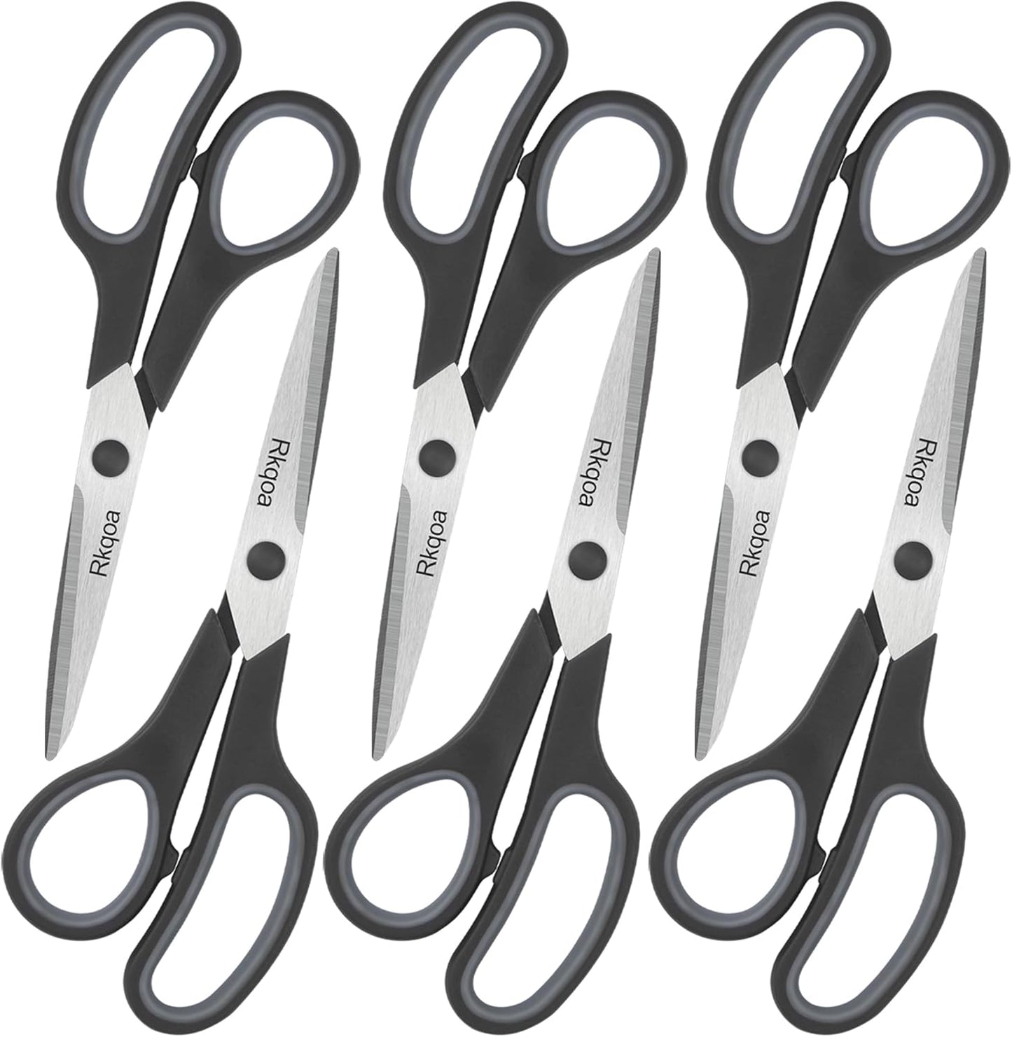 Black 6 Scissors Pack, Rkqoa 8" All Purpose Scissor - High Performance and Designed for Everyday use, Stainless Steel Shears Set with Comfort Grip, Right/Left Handed