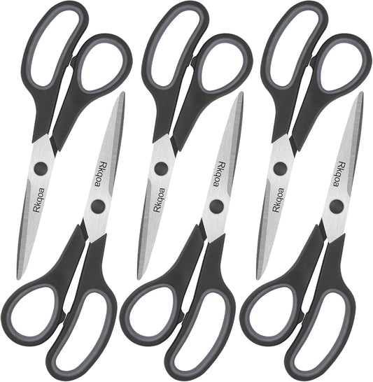 Black 6 Scissors Pack, Rkqoa 8" All Purpose Scissor - High Performance and Designed for Everyday use, Stainless Steel Shears Set with Comfort Grip, Right/Left Handed