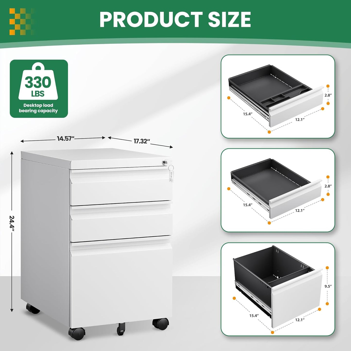 3 Drawer Mobile File Cabinet with Lock,Under Desk Filing Cabinet for Home Office, Metal Filing Cabinets on Wheels for Legal/Letter/A4 File, Fully Assembled Except Wheels, White