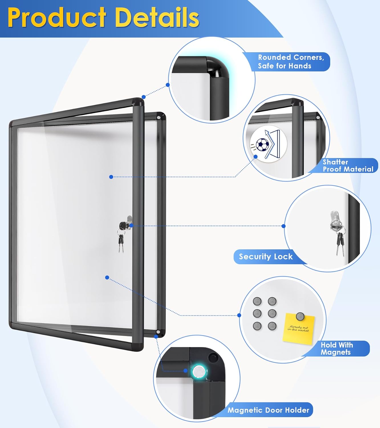 SWANCROWN Enclosed Notice Board Magnetic Bulletin Boards for Office with Locking Door,Black Frame, 26x20inch(4XA4