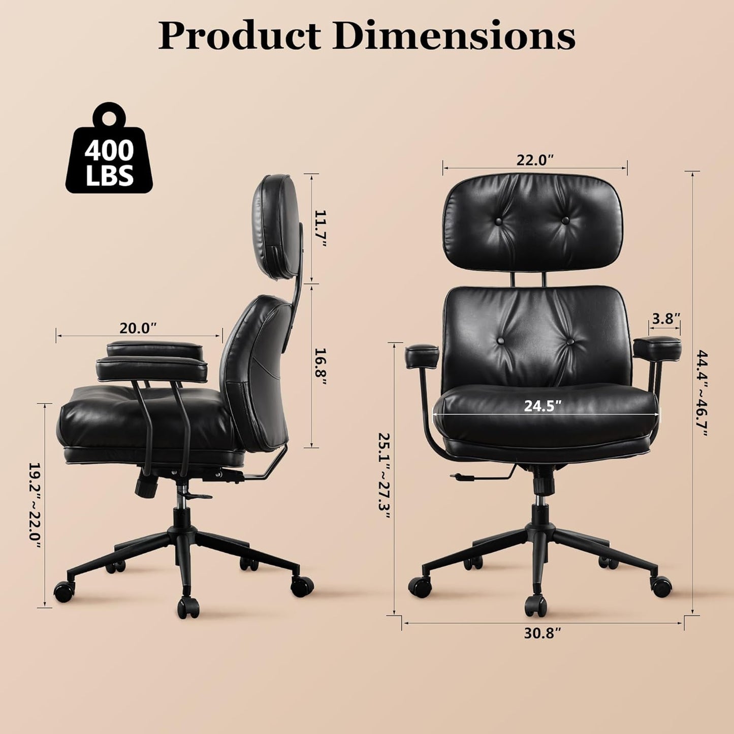 Mid Century Modren Big and Tall Office Chair,Large Ergonomic Executive Chair for Heavy Duty People, Computer Desk Task Chair with Wheels, Faux Lether Fabric Wide Chair for Home Sturdy,Black