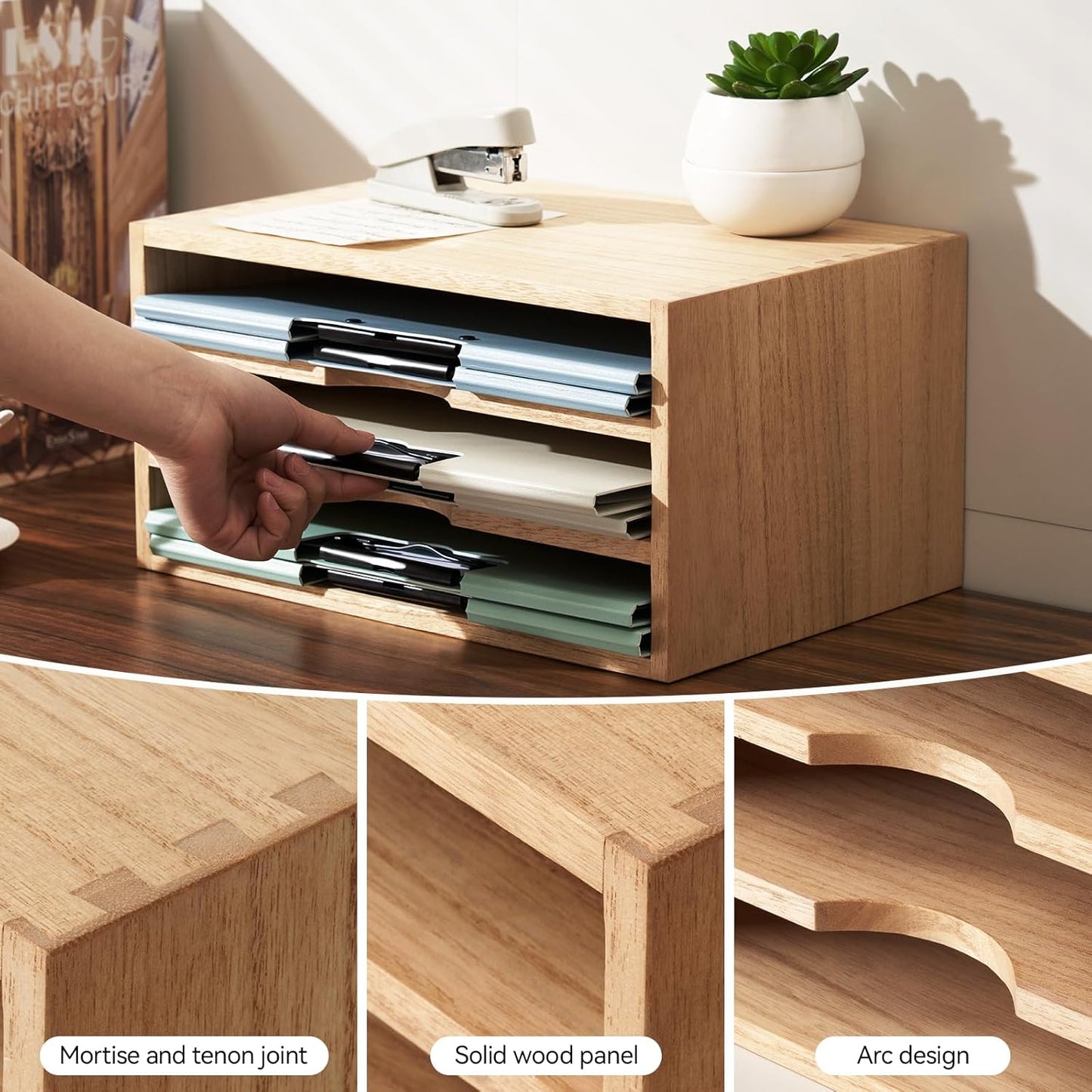 KIRIGEN Wooden Desktop Organizer Paper Storage Letter Tray File Sorter - Desk Rack Magazine File Dividers Holders for Home Office Accessories Wood Desk Cabinet with 3 Layer Trays Natural(3KWJG-NA)