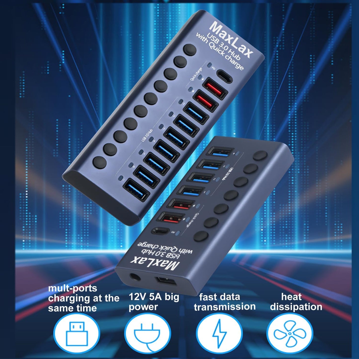 MaxLax Aluminum USB 3.0 hub with Charging Function, Power Adapter,Individual Power swiches (Silver Gray-10 Ports)