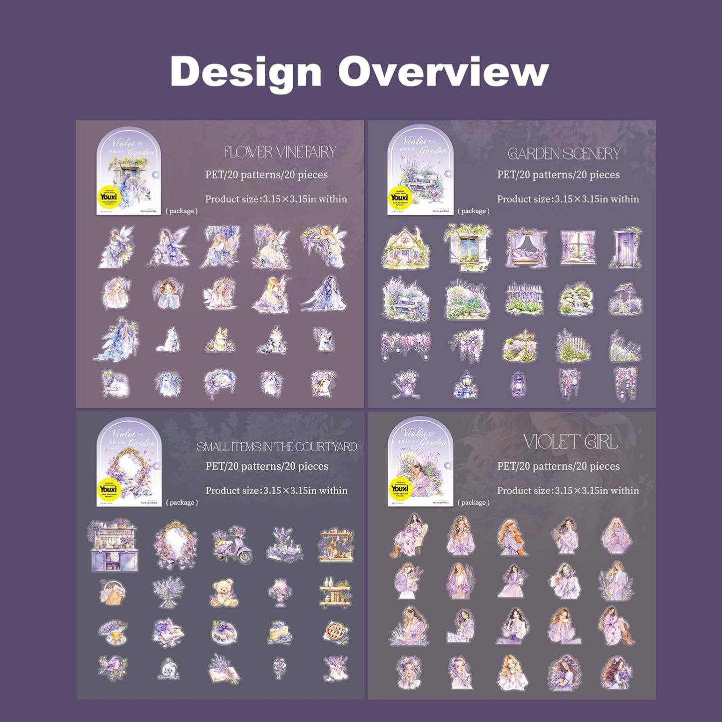 Violet Garden PET Sticker Set, 80PCS Fairy-Themed Scrapbook Supplies Journal Stickers in Purple for DIY Crafts, Planners, and Collages