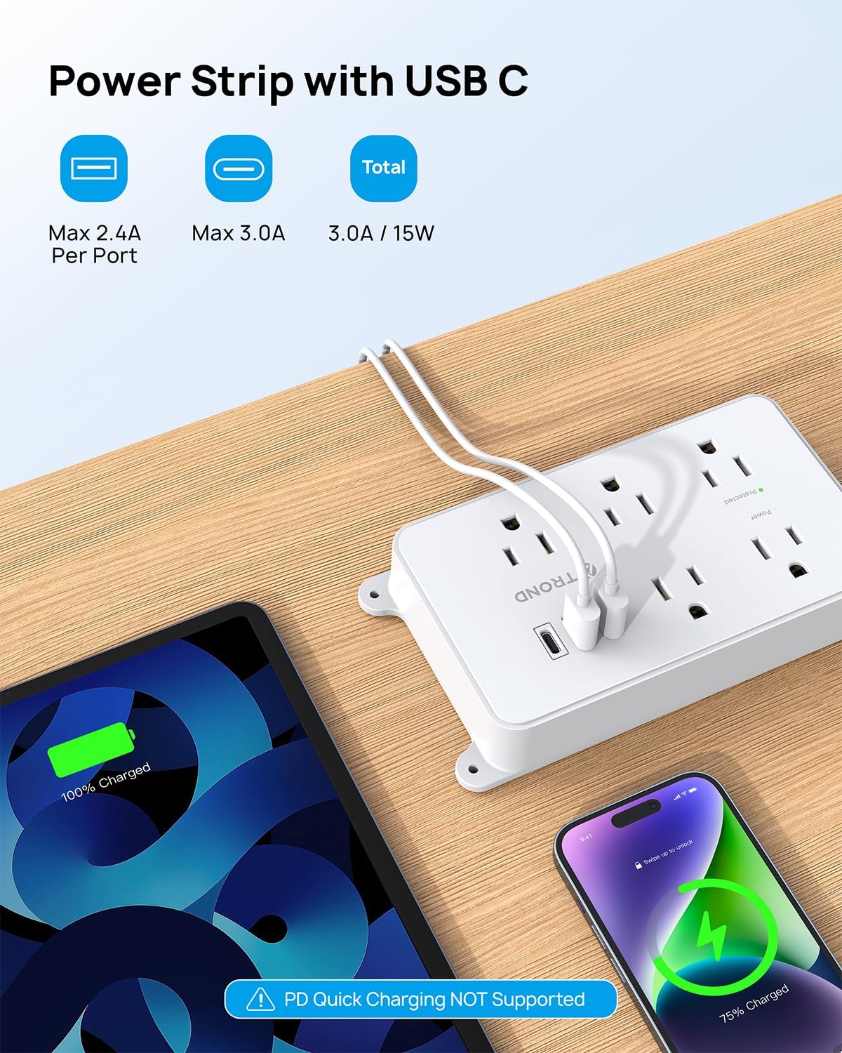 TROND Power Strip with USB, 10ft Extension Cord Surge Protector, 5 Widely Spaced Outlets with 3 USB Ports, ETL Listed, 1300J, Low-Profile Flat Plug, Wall Mountable, White