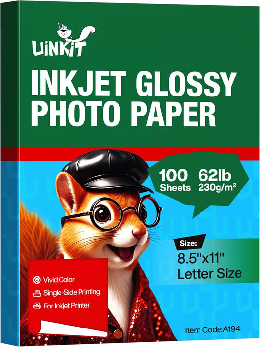 Uinkit 100 Sheets Thick Inkjet Glossy Photo Paper Picture 8.5x11 62lb 230g 11.1mil Cardstock Postcard Brochure For Dye Ink Inkjet Printer